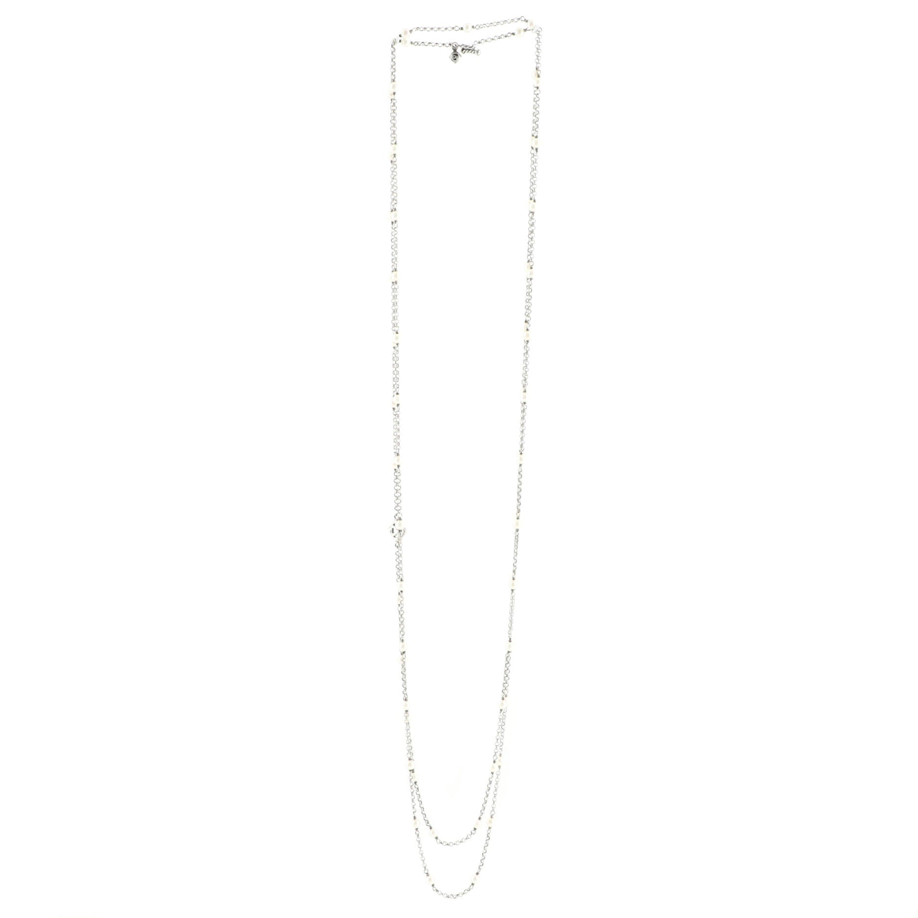 Station Long Necklace Pearls with Sterling Silver