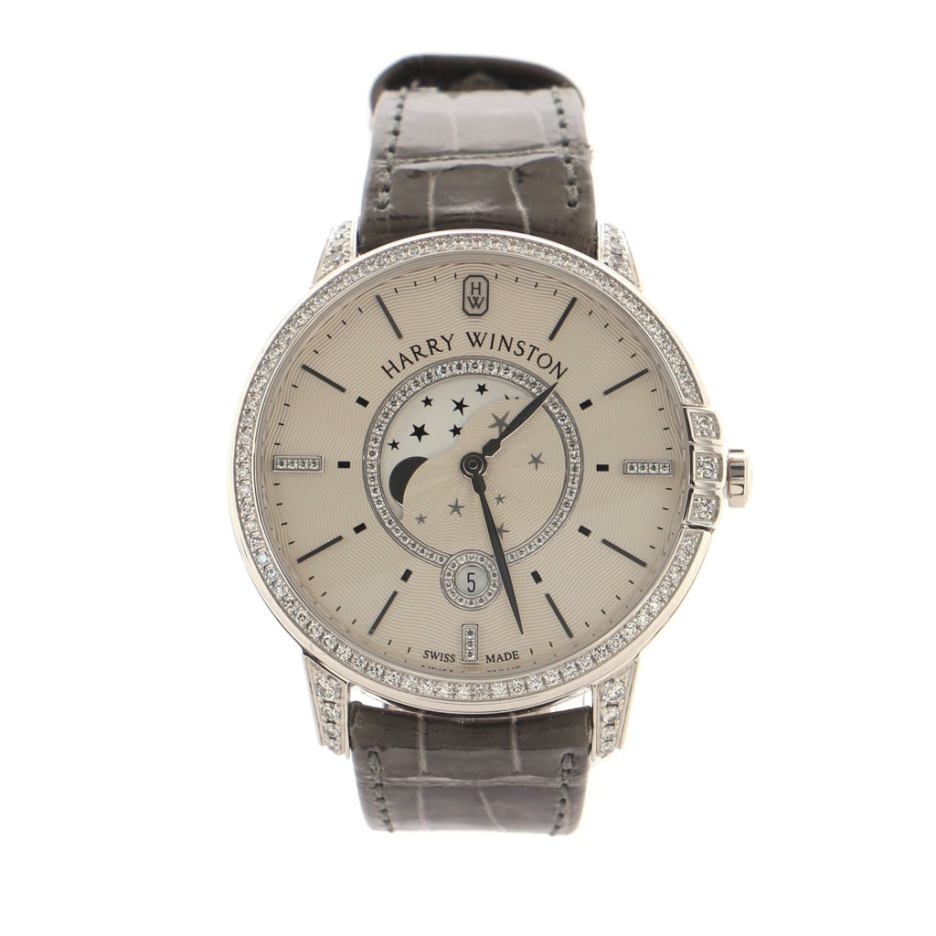 Midnight Moon Phase Quartz Watch White Gold and Alligator with Diamond Bezel, Markers, and Lugs 39