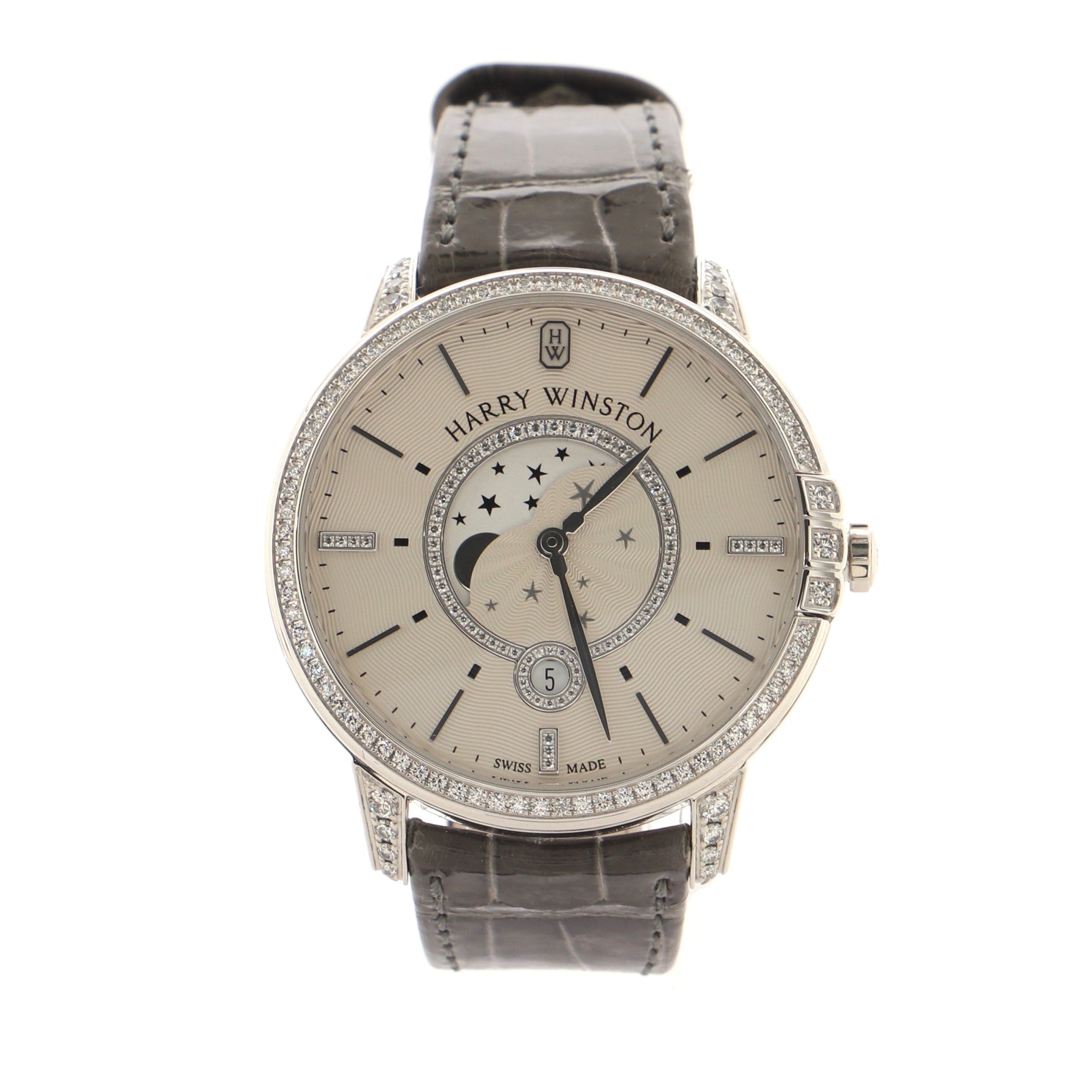 Midnight Moon Phase Quartz Watch White Gold and Alligator with Diamond Bezel, Markers, and Lugs 39