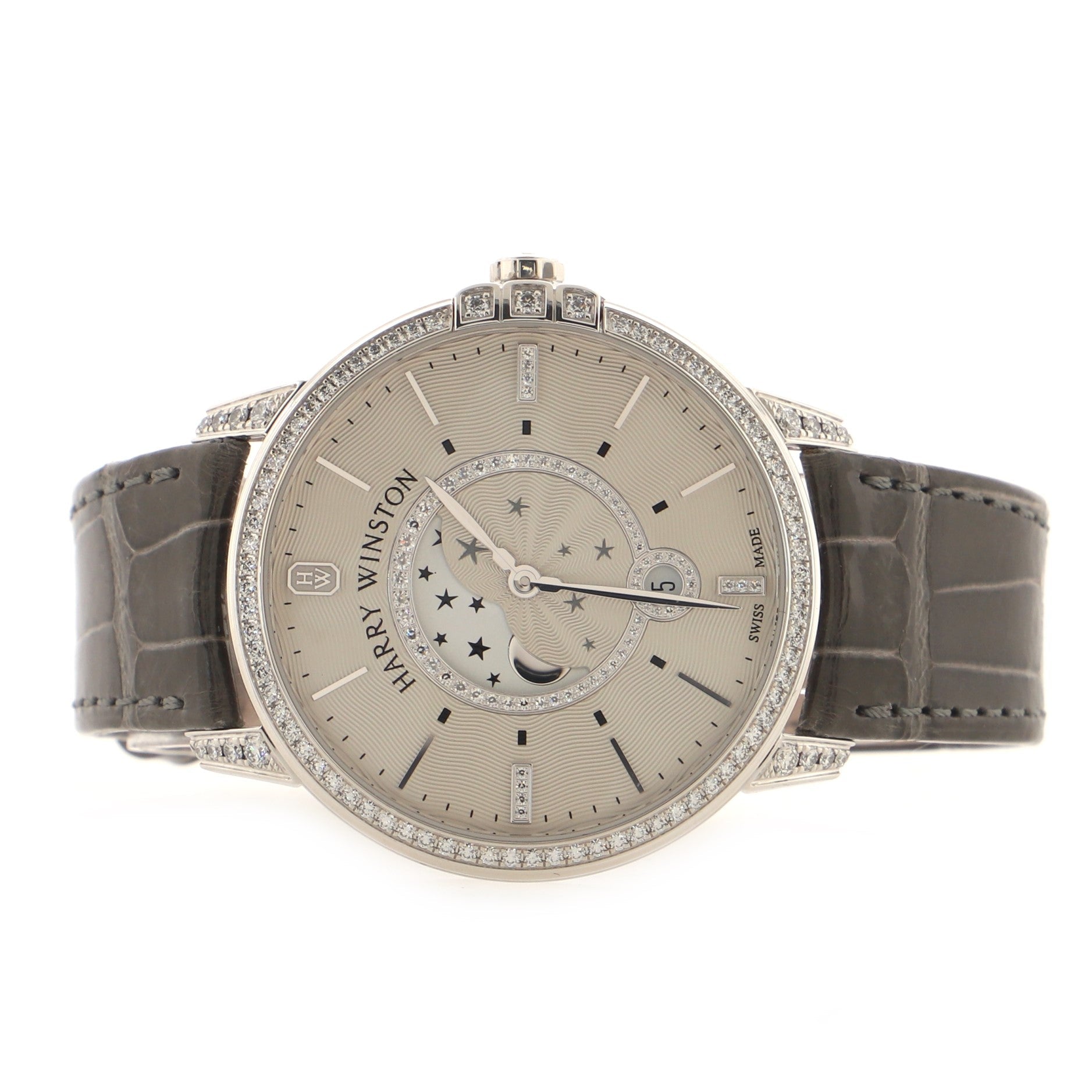 Midnight Moon Phase Quartz Watch White Gold and Alligator with Diamond Bezel, Markers, and Lugs 39