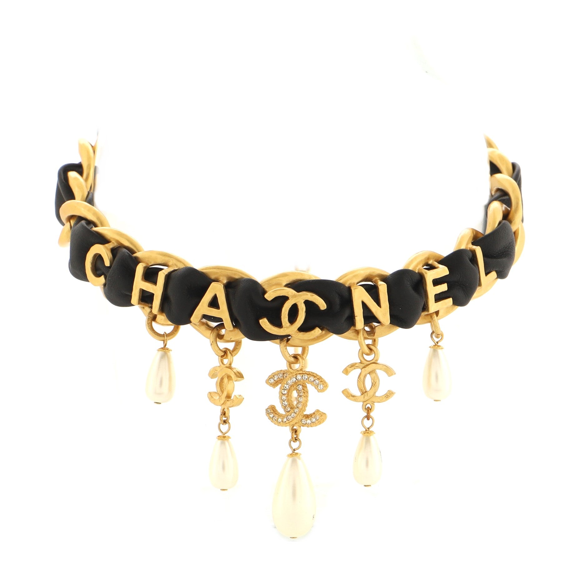 Logo Charms Chain Statement Necklace Metal with Leather, Faux Pearls and Crystals
