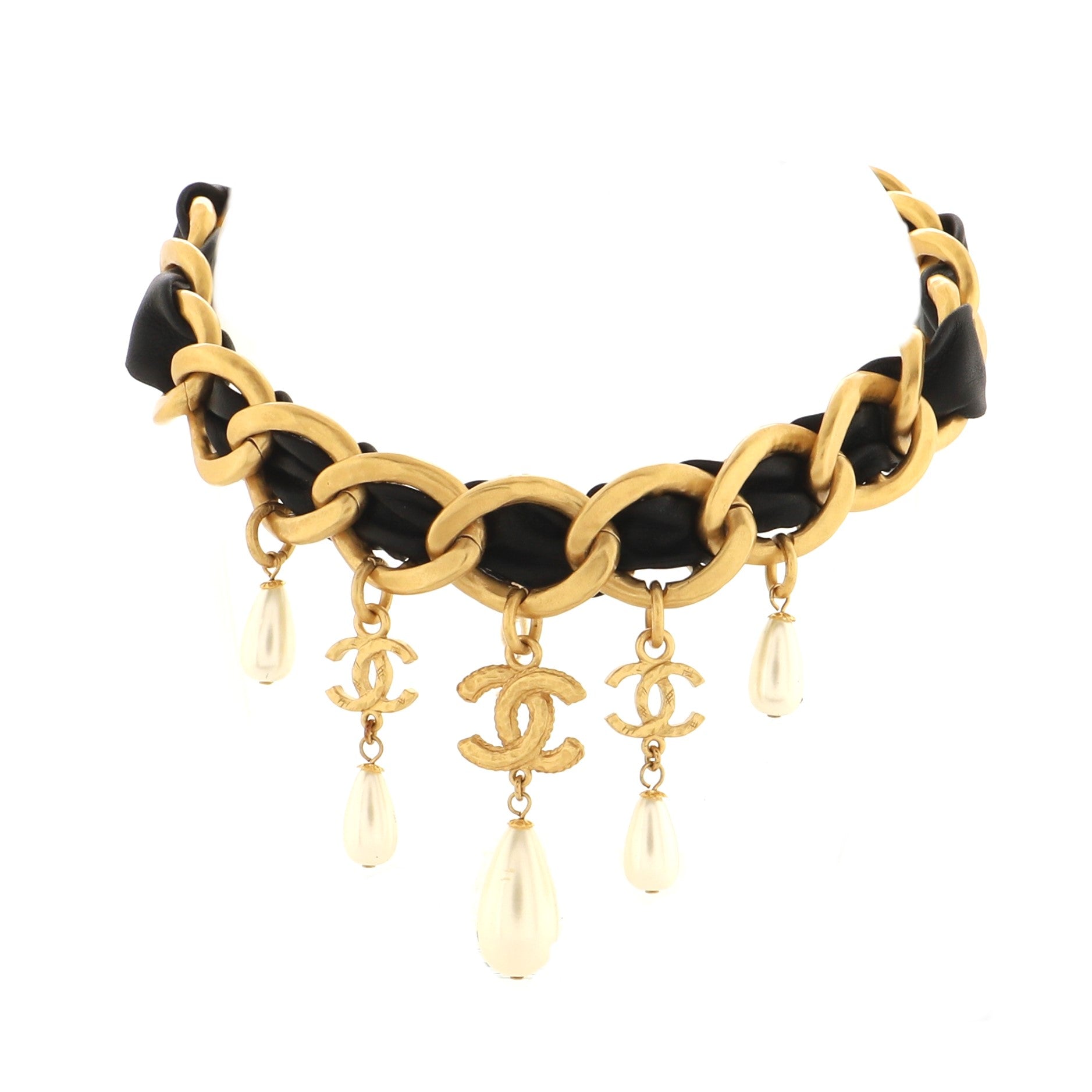 Logo Charms Chain Statement Necklace Metal with Leather, Faux Pearls and Crystals