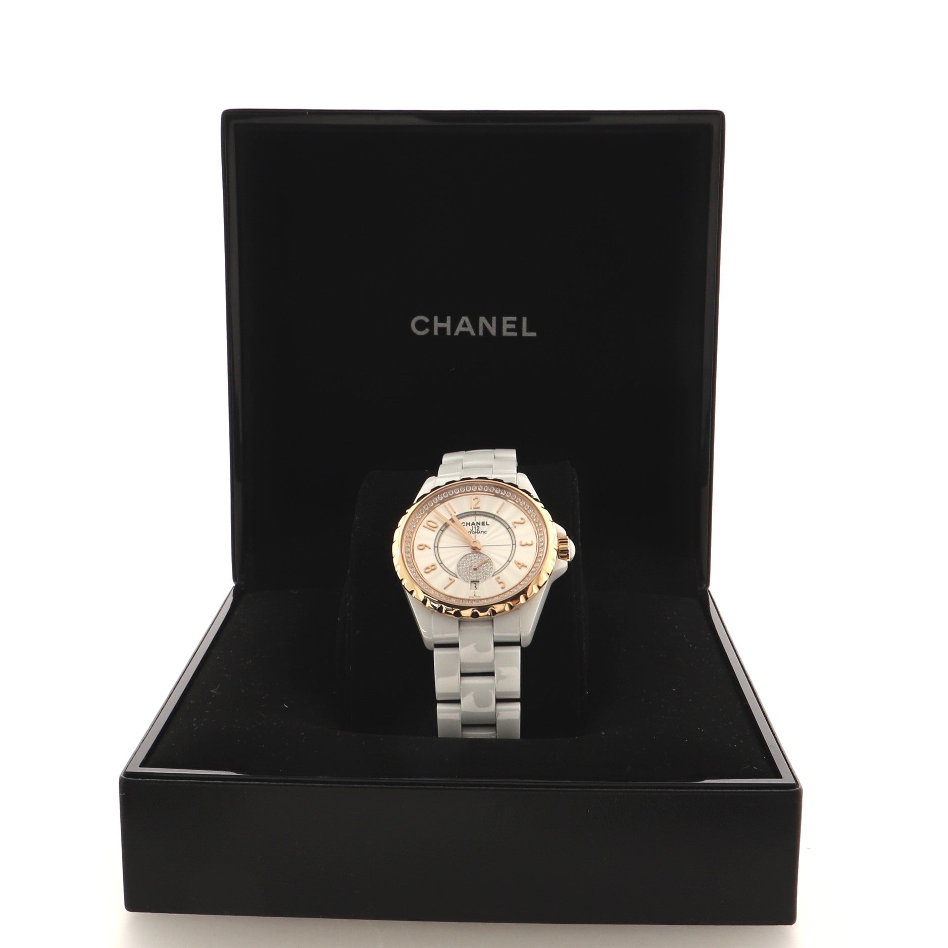 J12-365 Automatic Watch Ceramic and Rose Gold with Diamond Bezel and Seconds Subdial 36