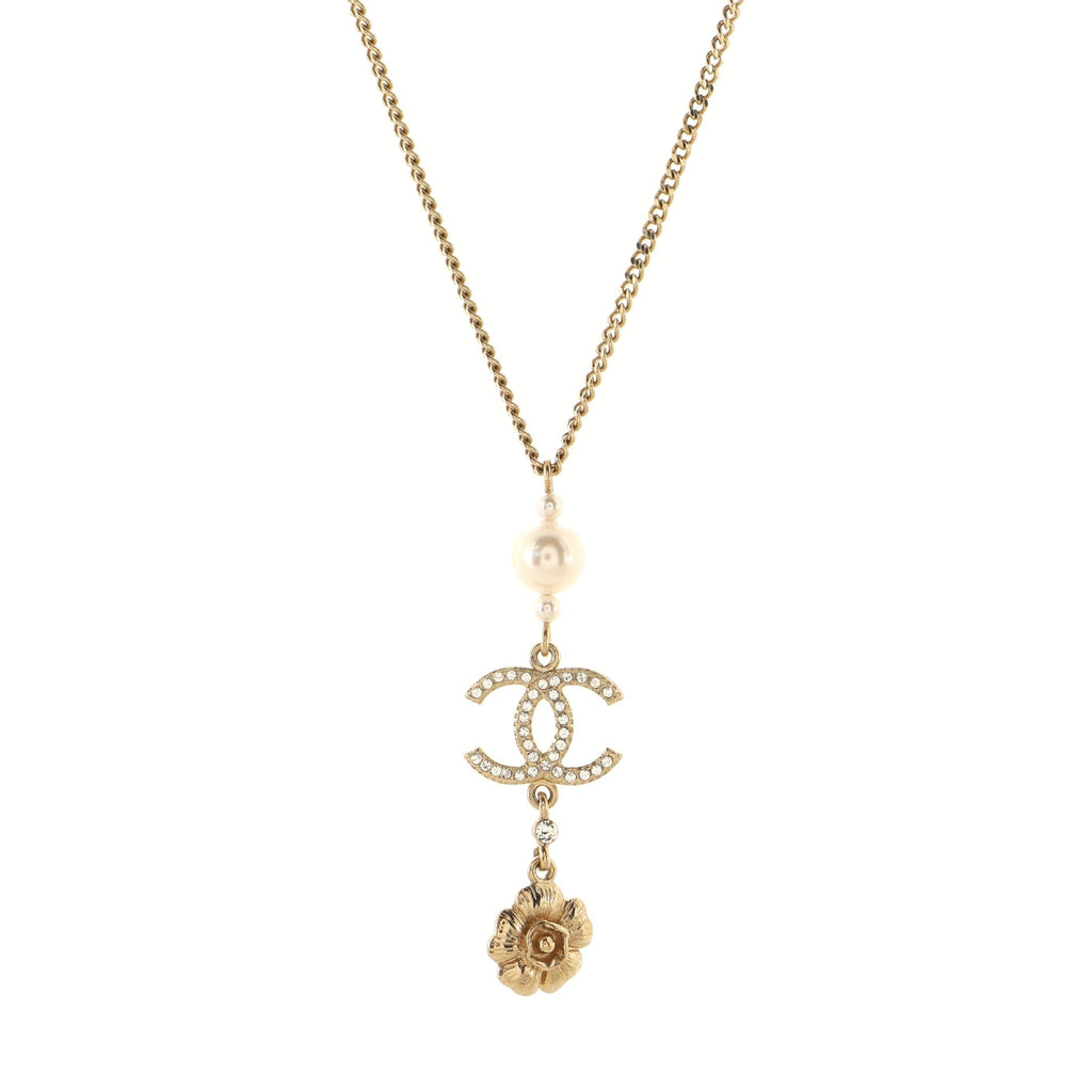 CC Flower Chain Drop Pendant Necklace Metal with Faux Pearls and Crystals
