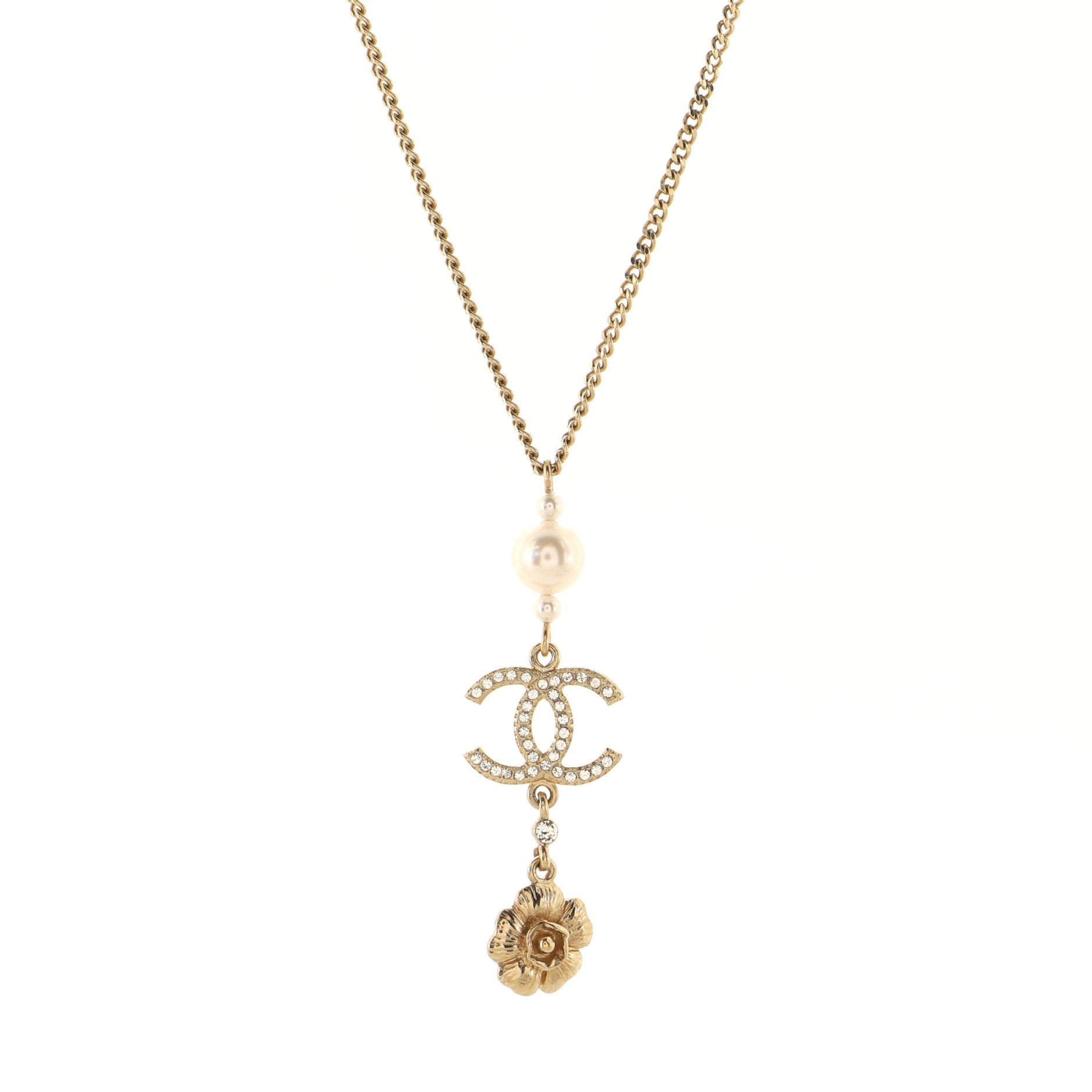 CC Flower Chain Drop Pendant Necklace Metal with Faux Pearls and Crystals