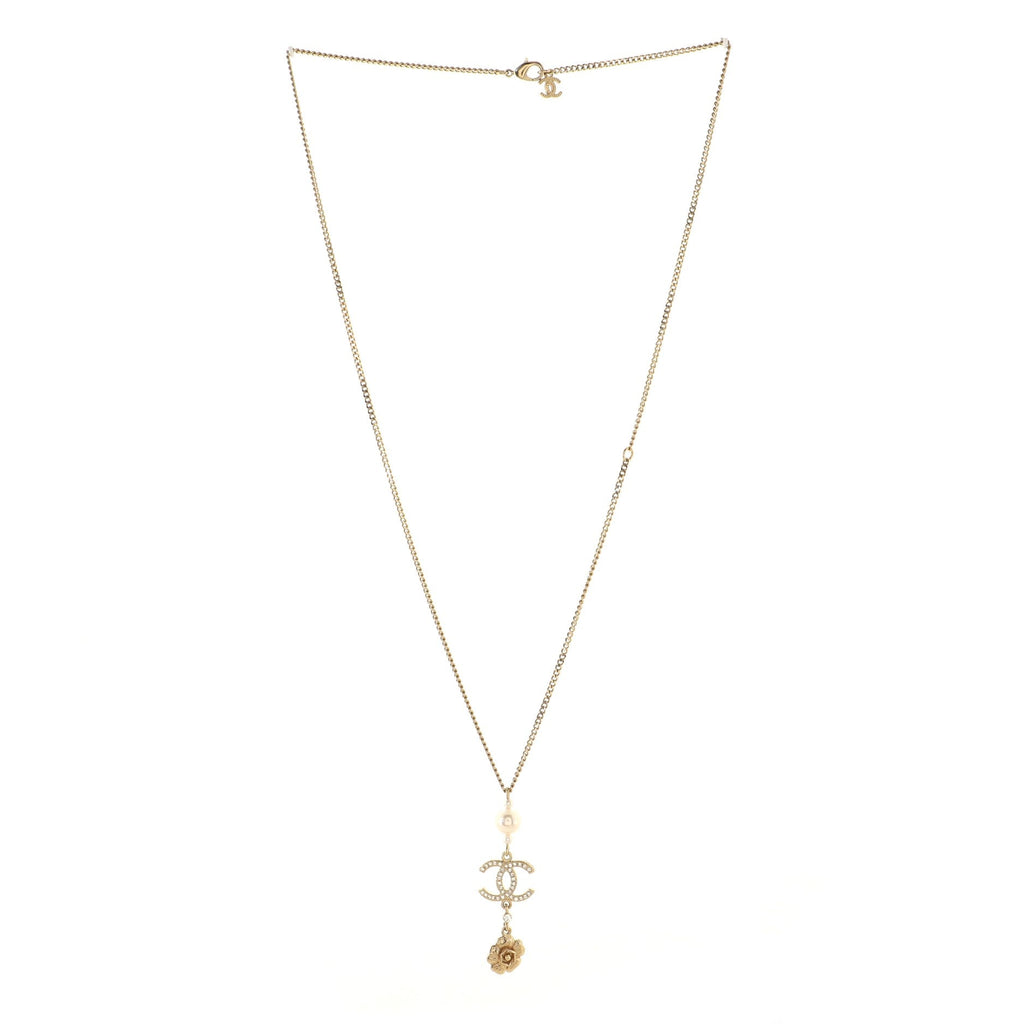 CC Flower Chain Drop Pendant Necklace Metal with Faux Pearls and Crystals