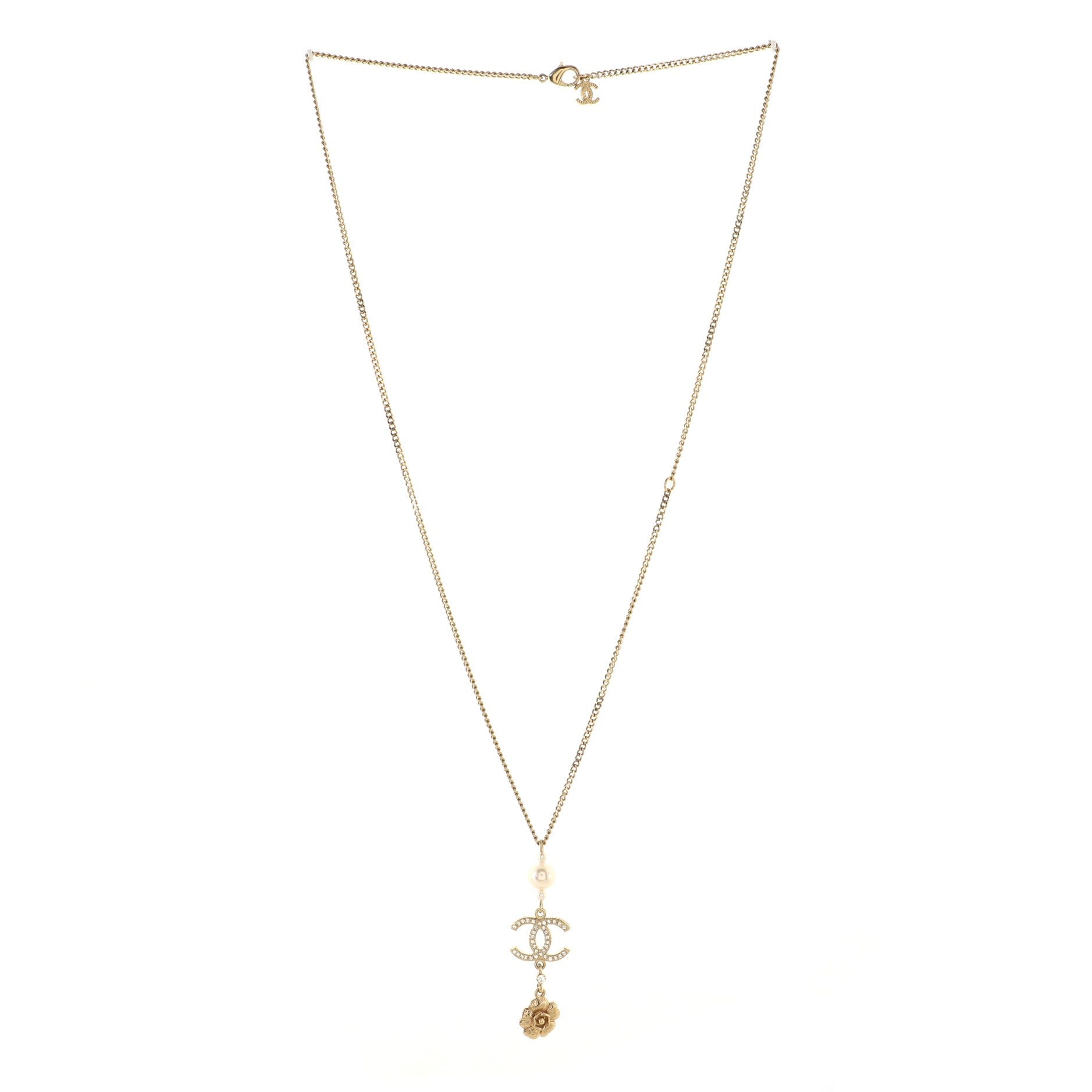 CC Flower Chain Drop Pendant Necklace Metal with Faux Pearls and Crystals