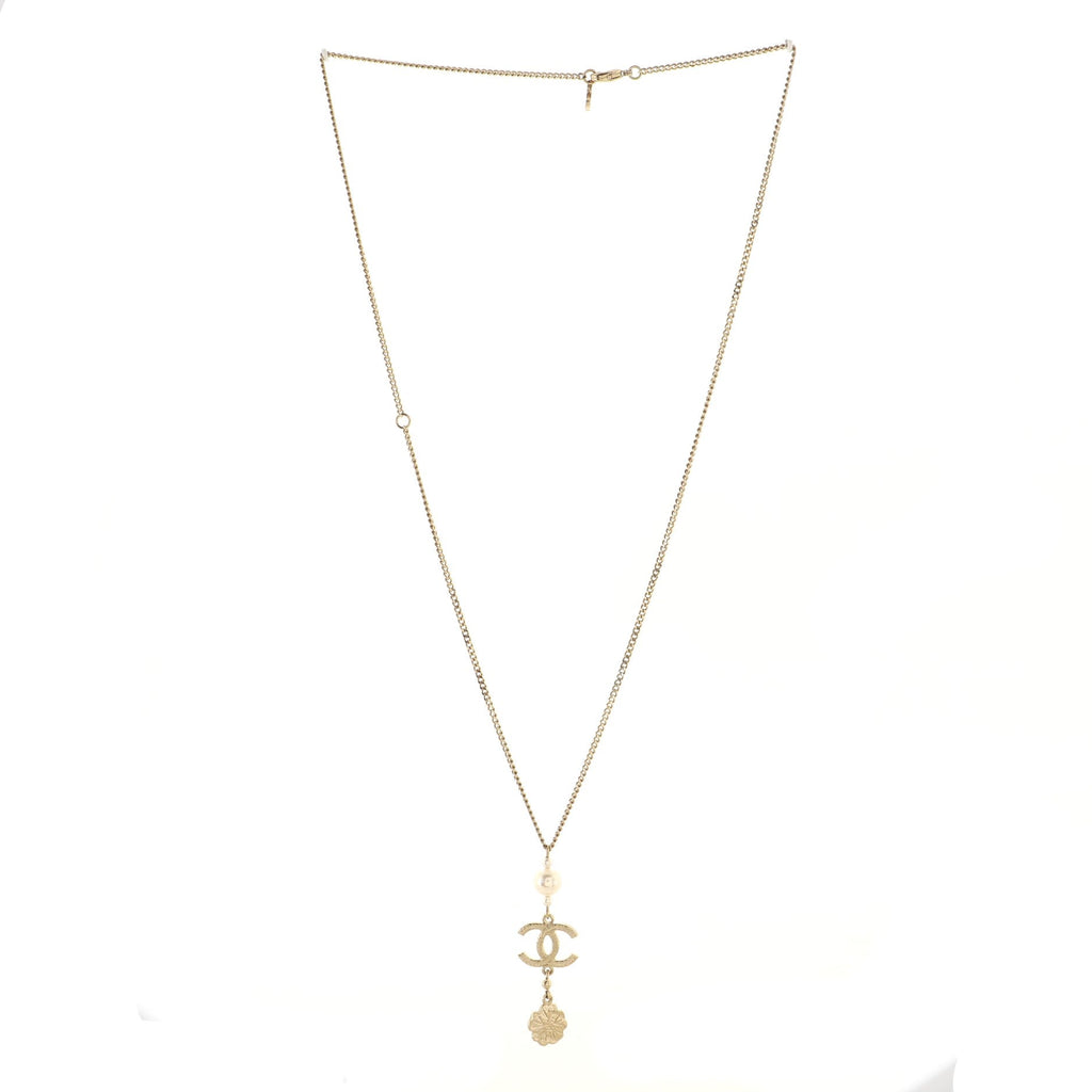 CC Flower Chain Drop Pendant Necklace Metal with Faux Pearls and Crystals