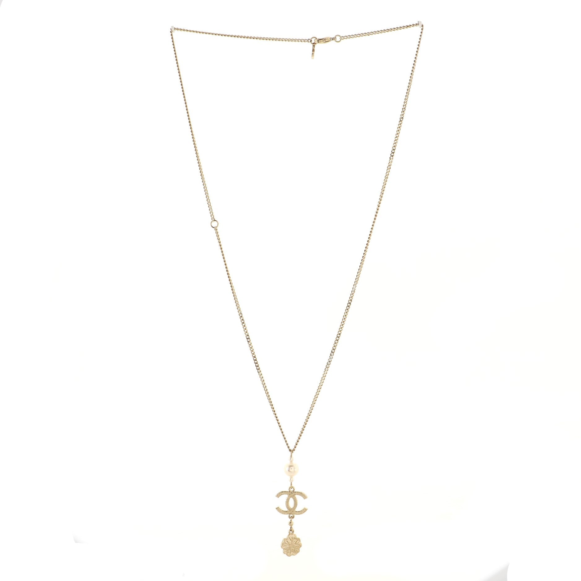 CC Flower Chain Drop Pendant Necklace Metal with Faux Pearls and Crystals