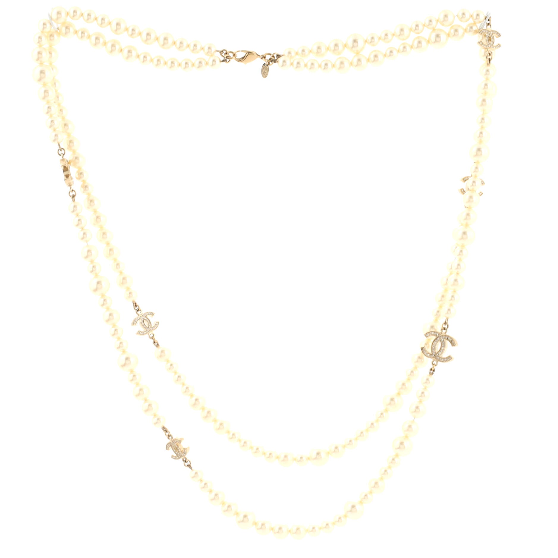 CC Double Strand Long Necklace Metal with Faux Pearls and Crystals