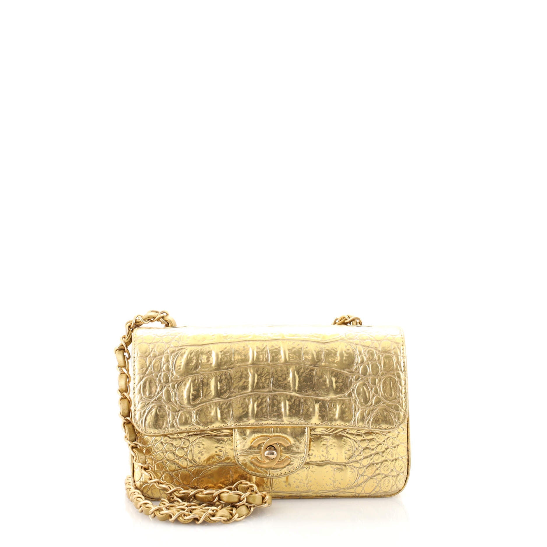 Classic Single Flap Bag Crocodile Embossed Metallic Calfskin Mini