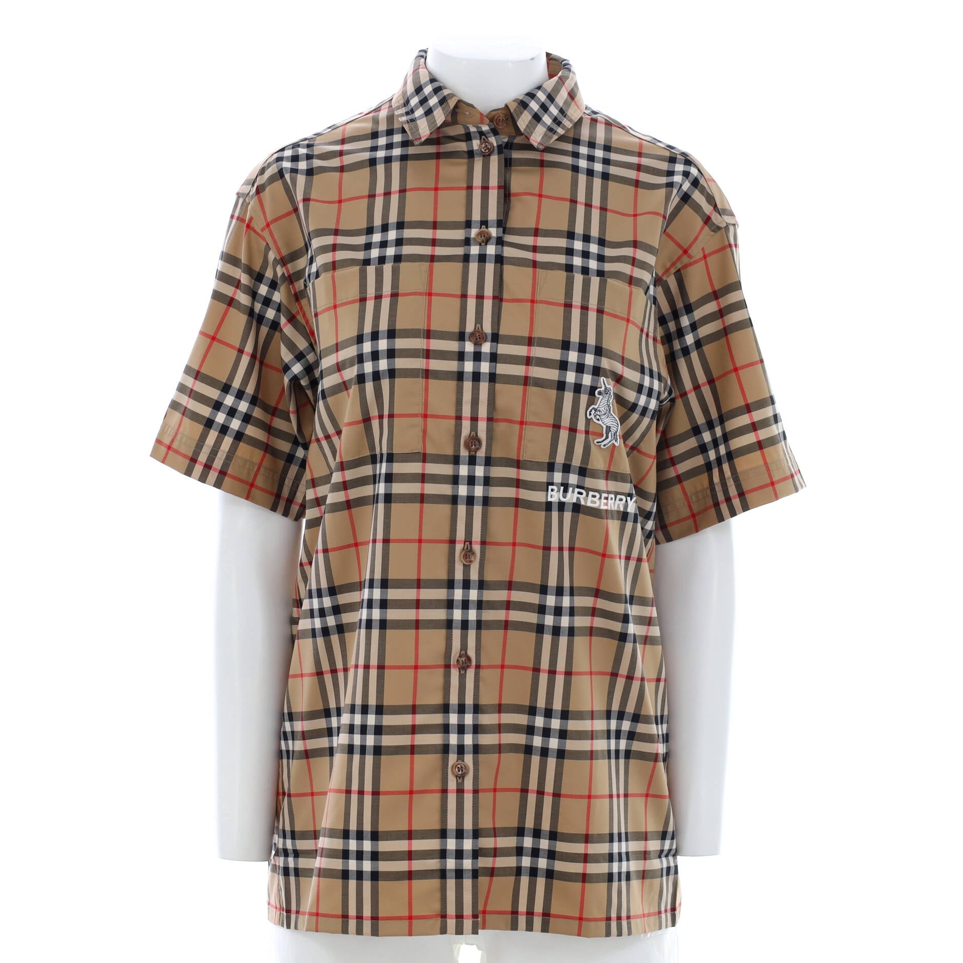 Women's Patch Short Sleeve Button Down Shirt Cotton Blend