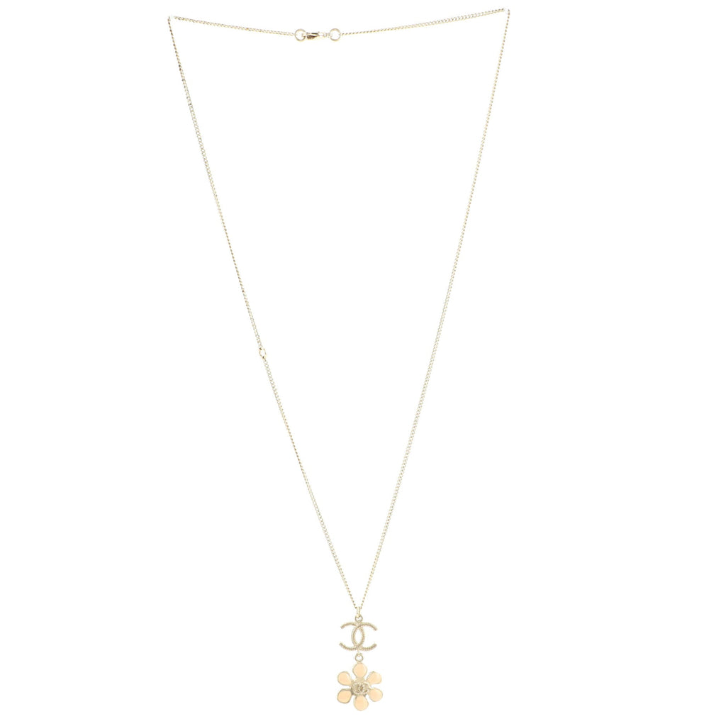 CC Flower Drop Pendant Necklace Metal with Faux Pearl and Enamel