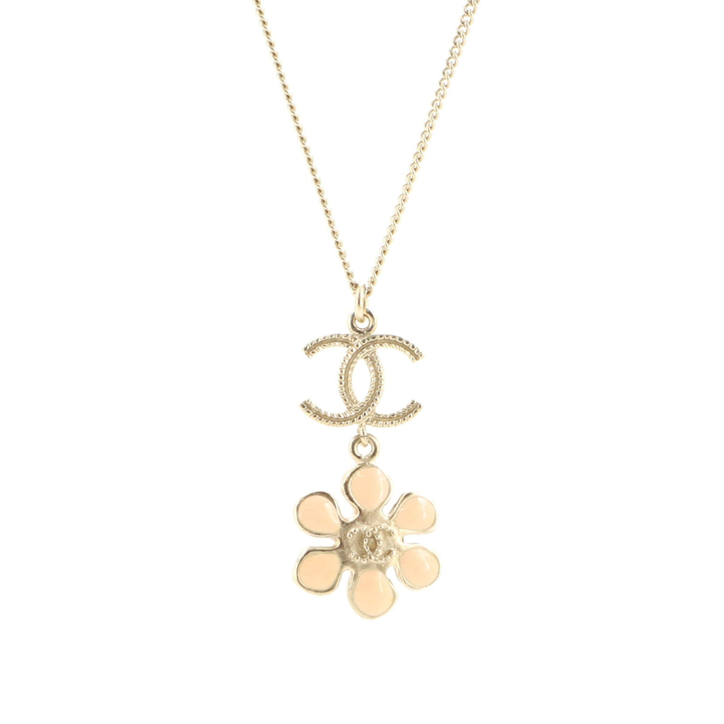 CC Flower Drop Pendant Necklace Metal with Faux Pearl and Enamel