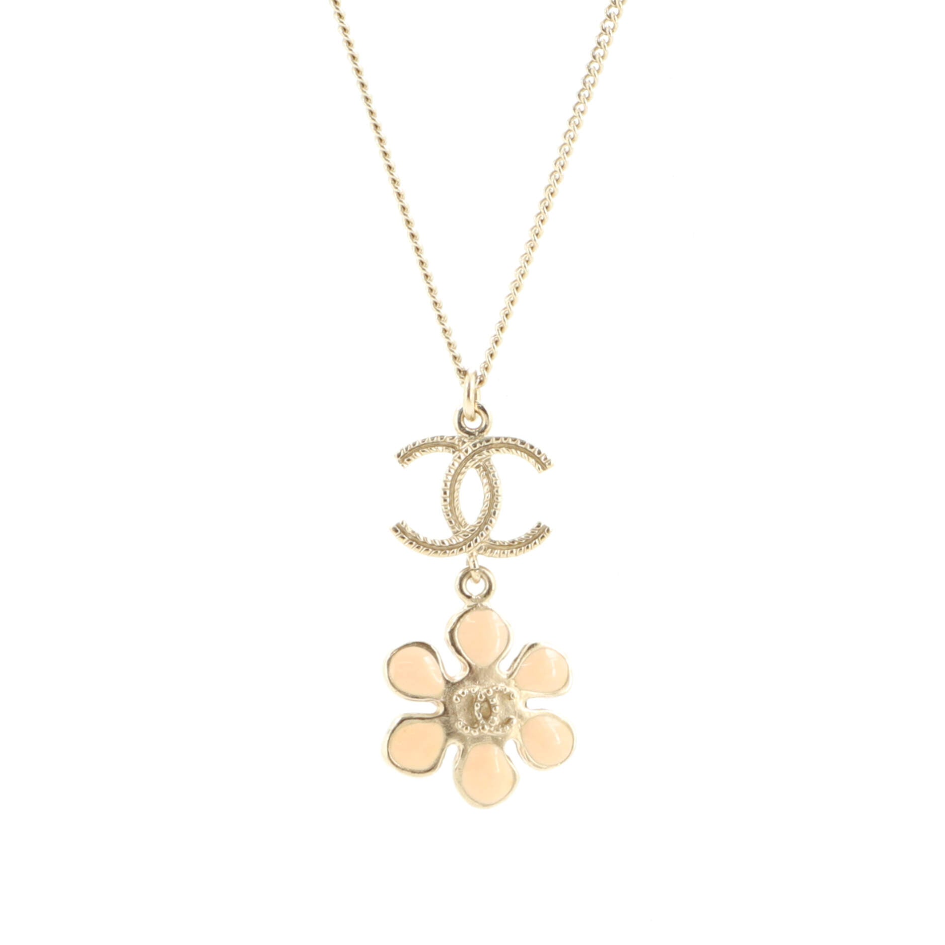 CC Flower Drop Pendant Necklace Metal with Faux Pearl and Enamel