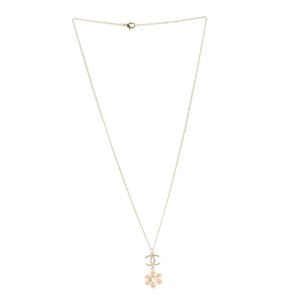 CC Flower Drop Pendant Necklace Metal with Faux Pearl and Enamel