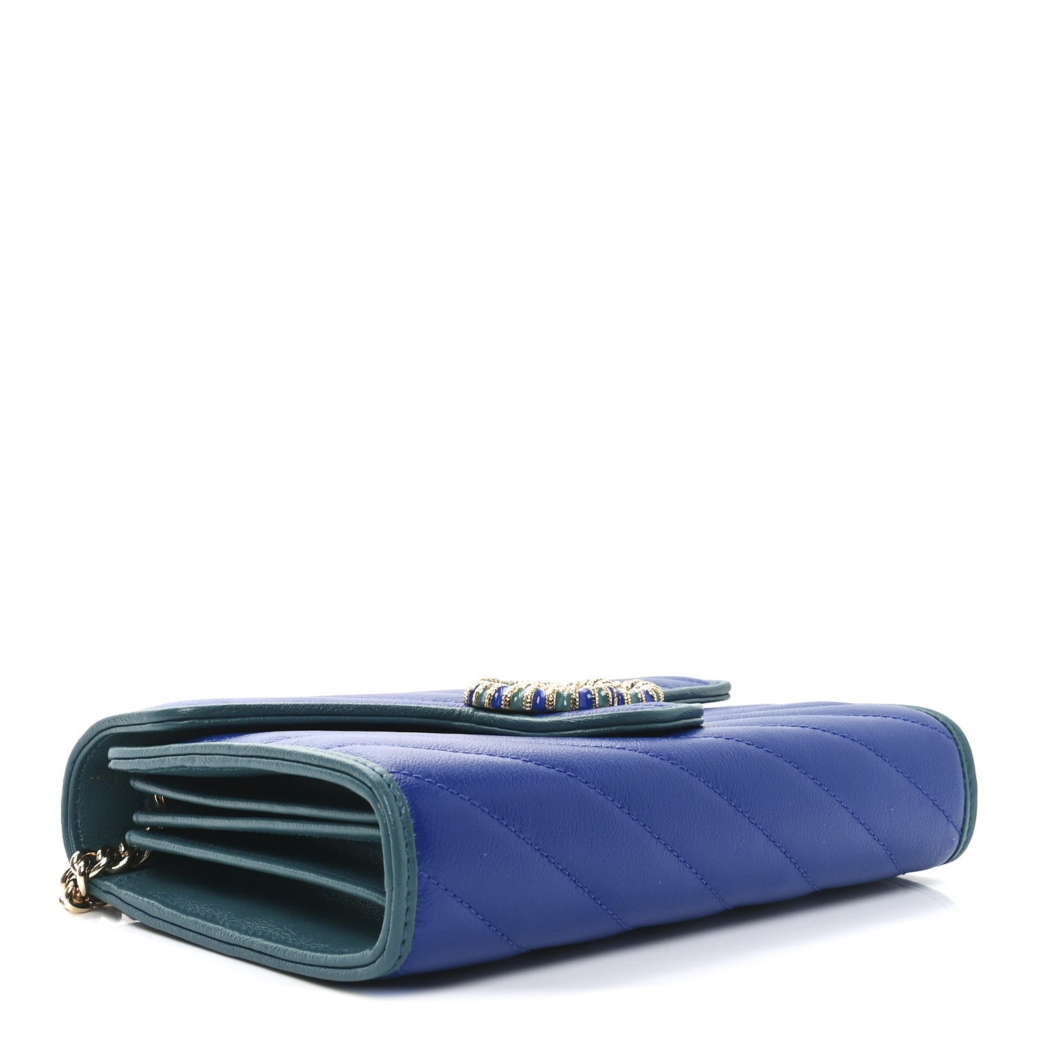 Azalea Calfskin Enamel Matelasse Diagonal Torchon GG Marmont Chain Wallet Imperial Blue Pavone