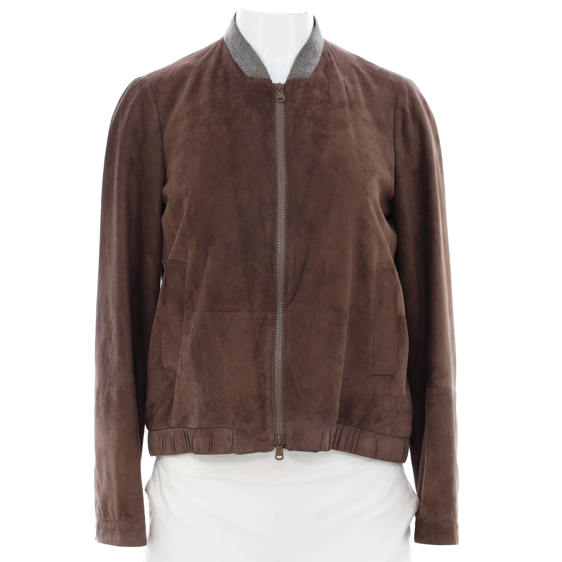 Women's Collarless Zip-Up Jacket Suede