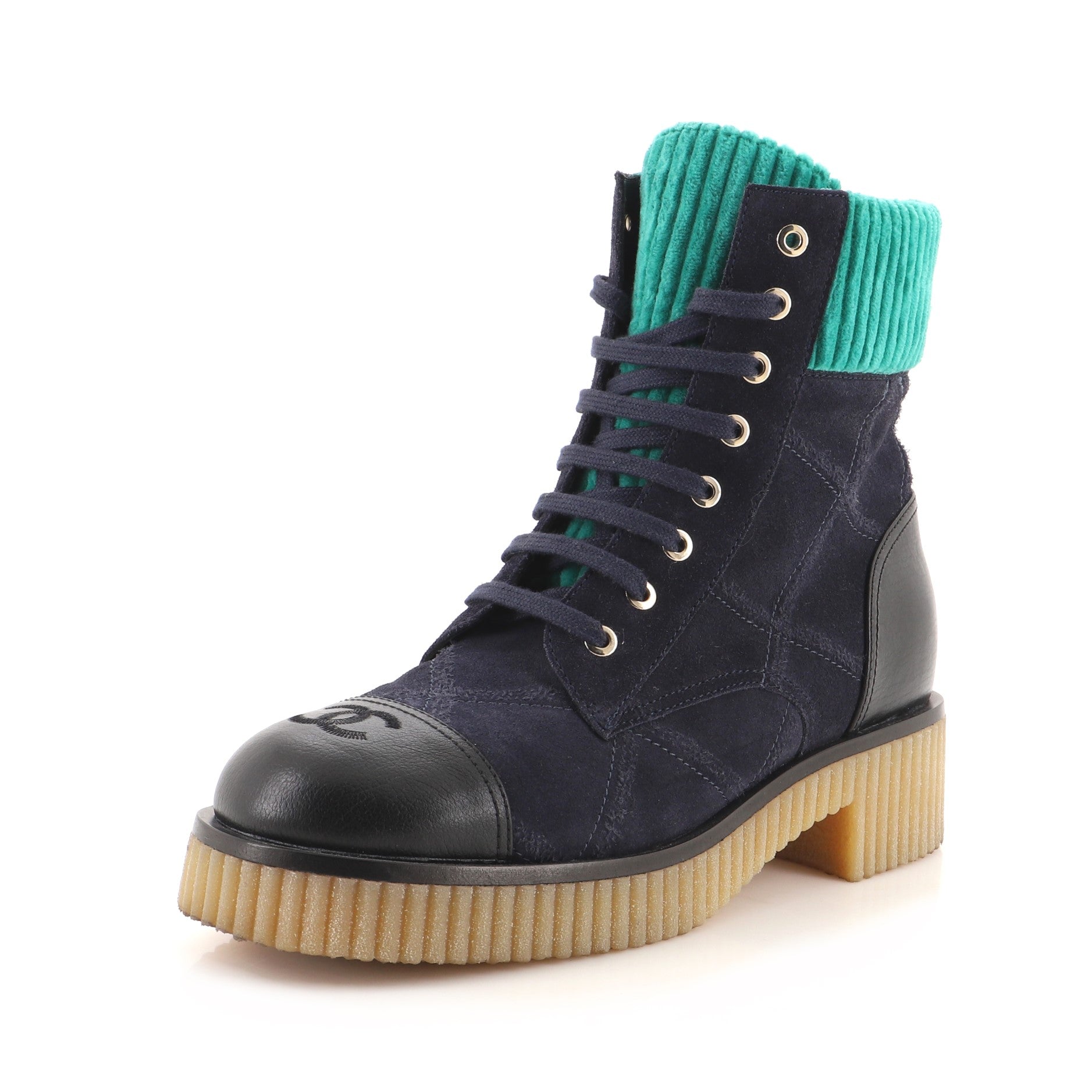 Women's CC Cap Toe Combat Boots Quilted Suede with Leather