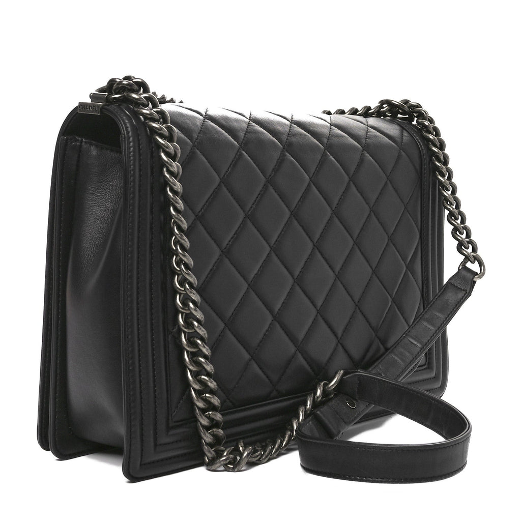 Lambskin Quilted Large Boy Flap Black