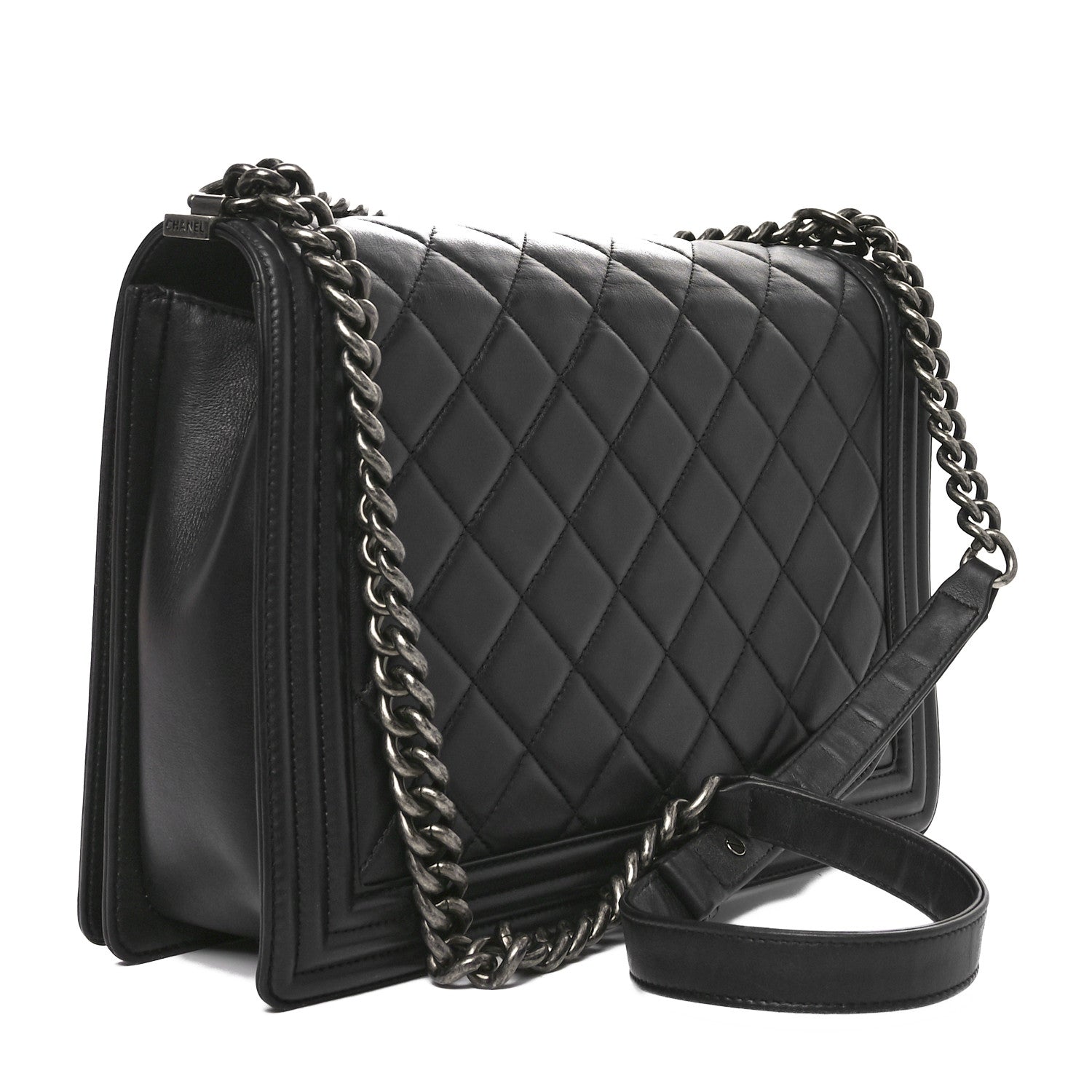 Lambskin Quilted Large Boy Flap Black