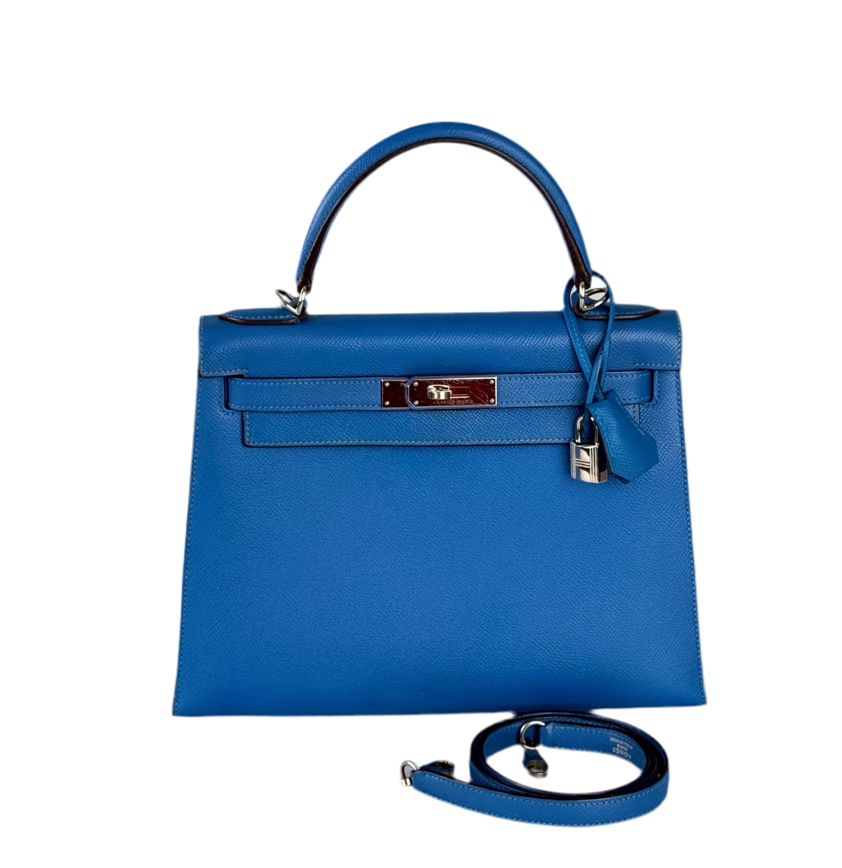 Hermes Kelly 28cm Sellier Bag In Blue Epsom Leather With Silver Hardware