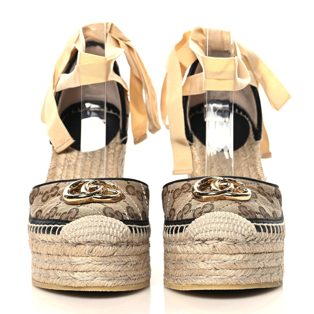 Monogram Matelasse GG Marmont Ankle Wrap Platform 35/120mm Espadrille Wedges 35.5 Beige Ebony Black Sand Storm