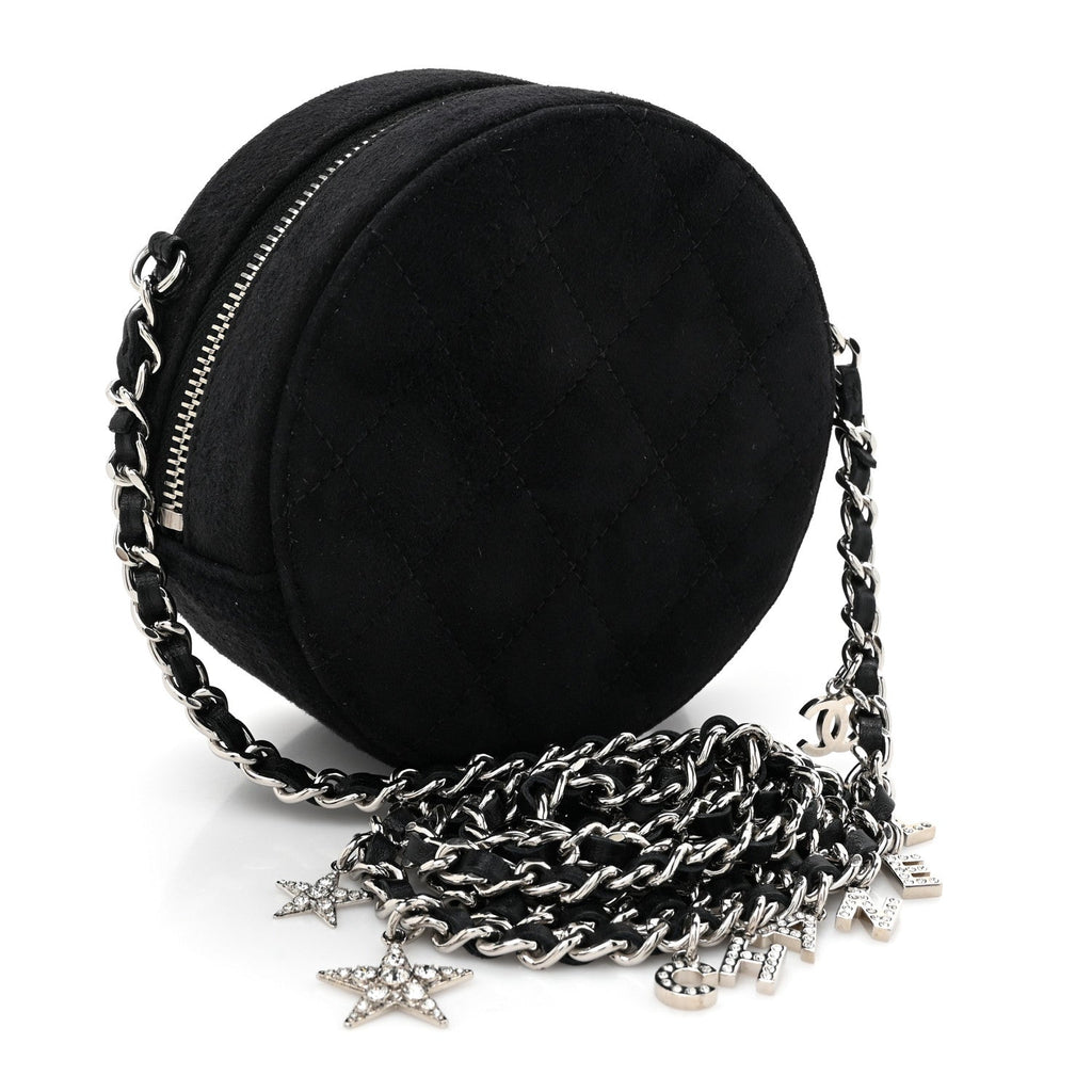 Suede Quilted Crystal Round Clutch With Logo Chain Black