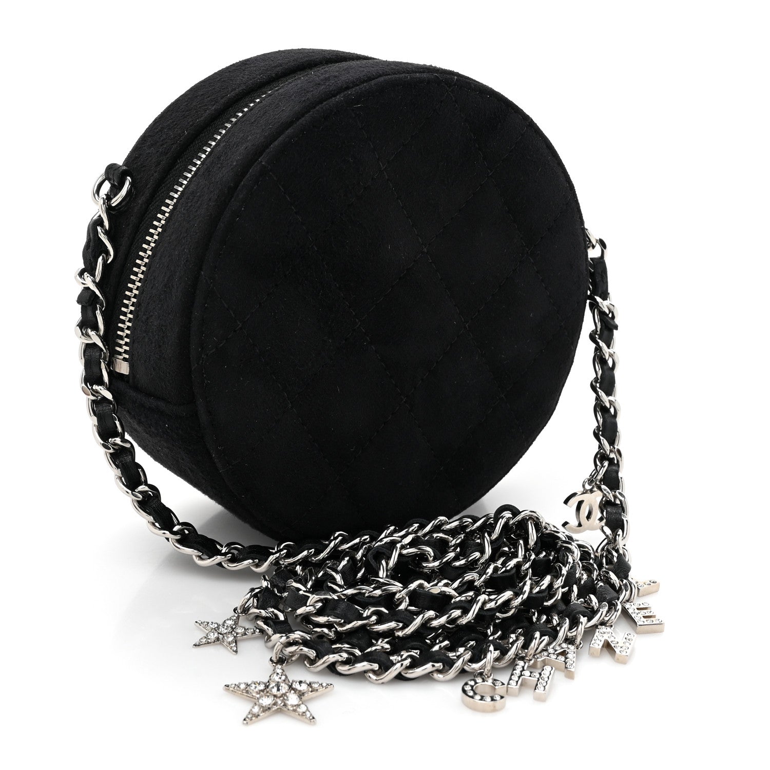 Suede Quilted Crystal Round Clutch With Logo Chain Black