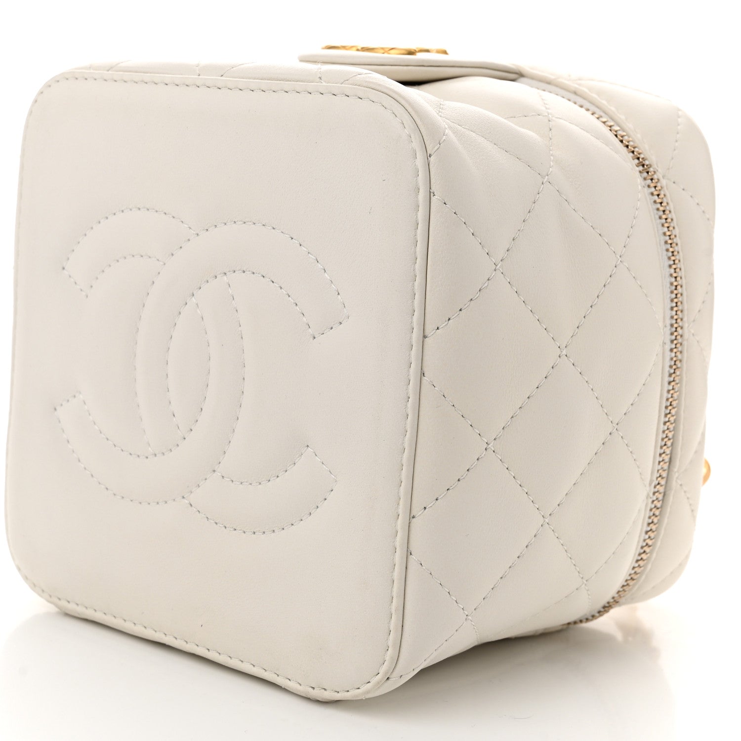 Calfskin Quilted Small Vanity Case With Chain White