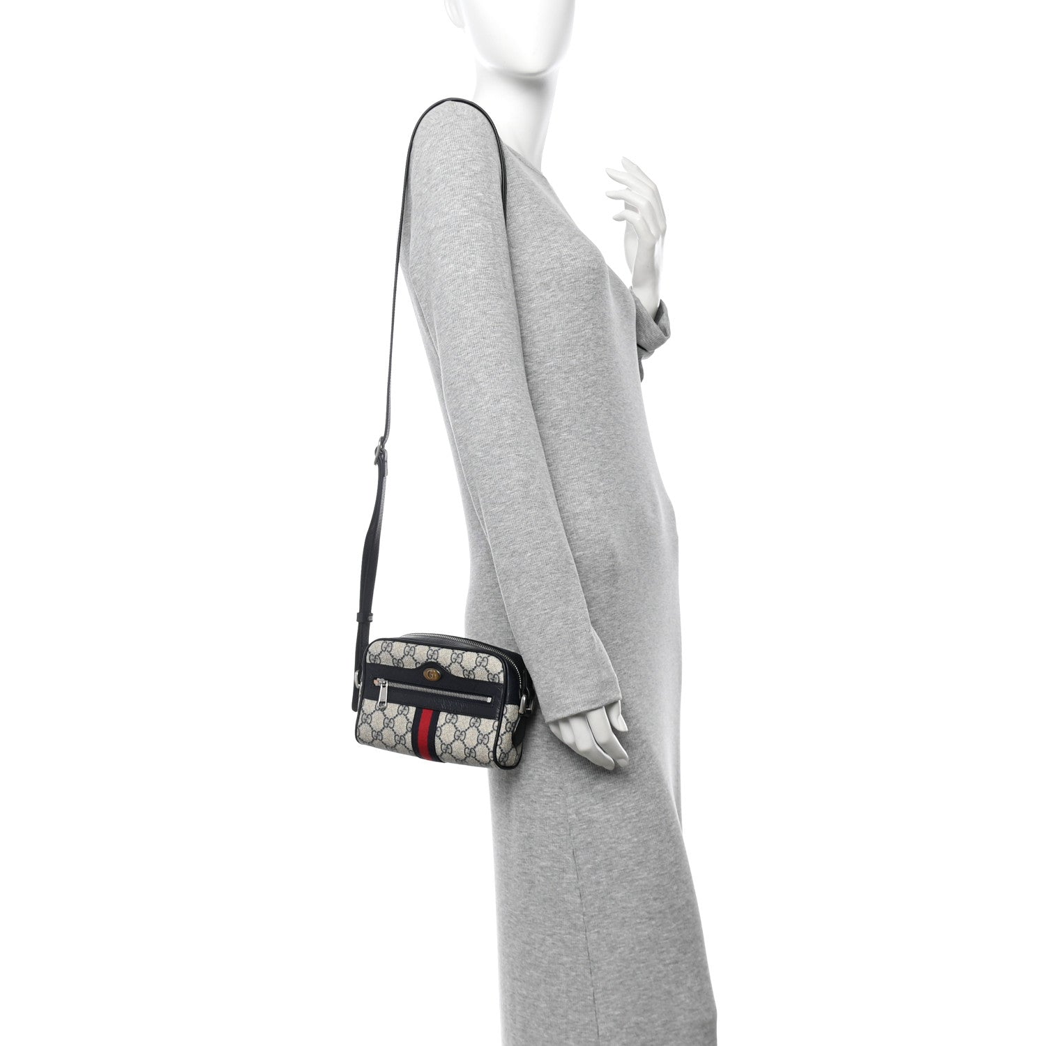 GG Supreme Monogram Textured Dollar Calfskin Web Mini Ophidia Shoulder Bag Beige Blue