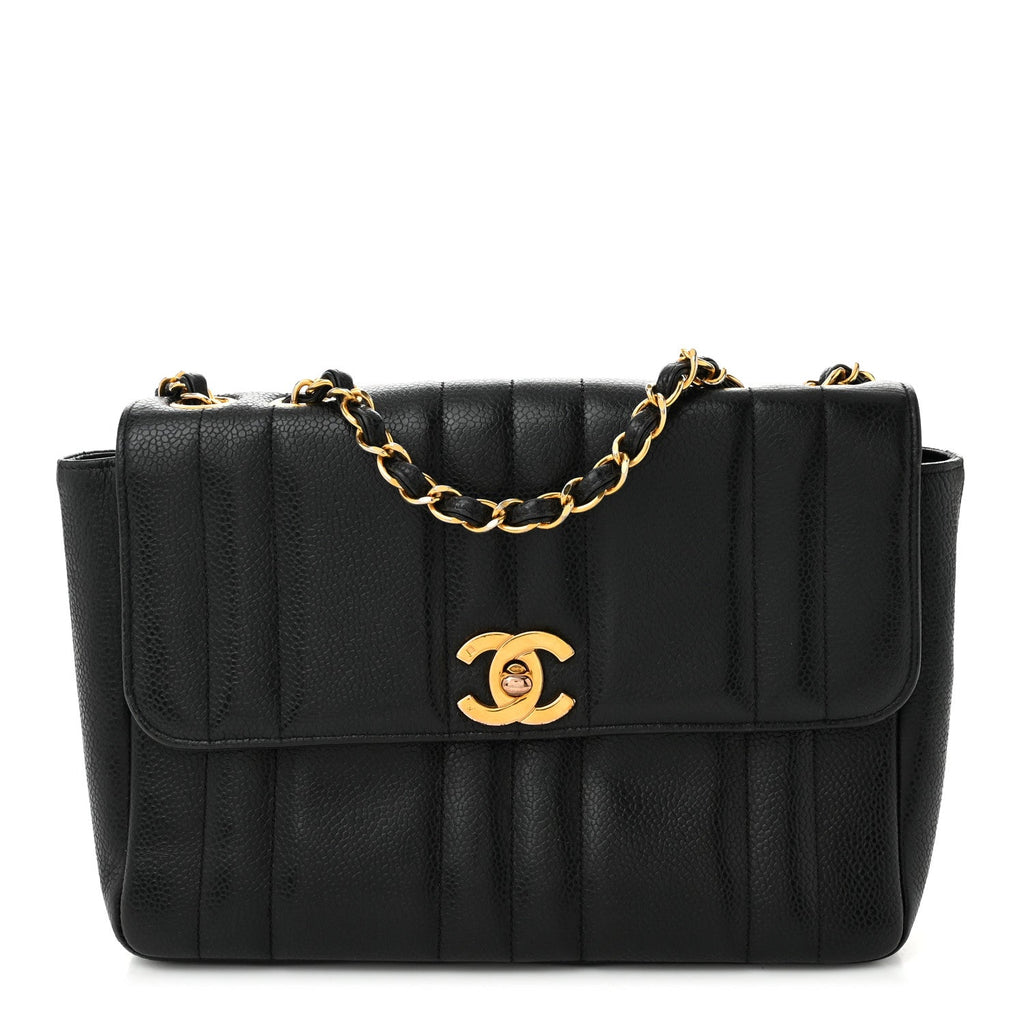 Caviar Vertical Quilted Small Single Flap Black