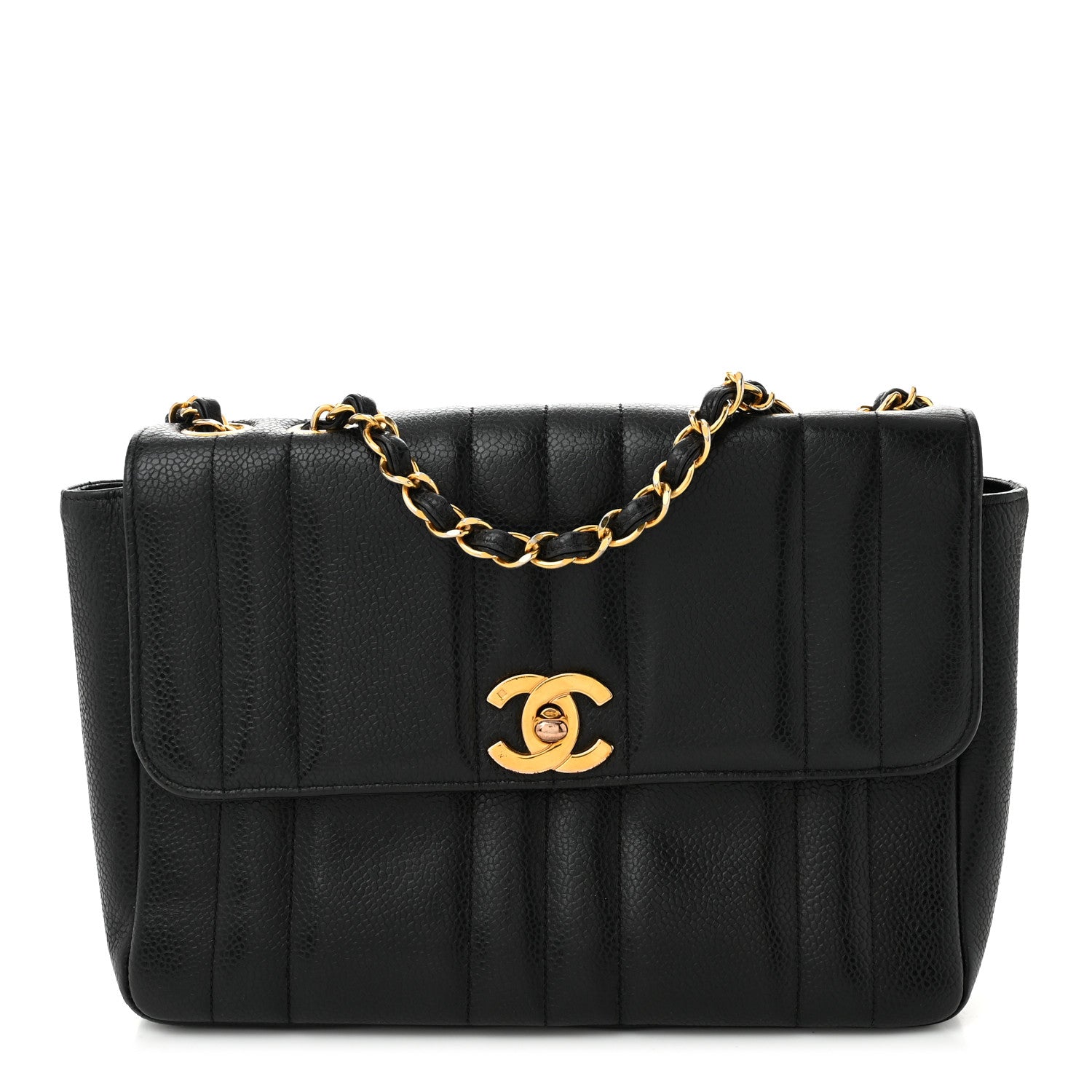 Caviar Vertical Quilted Small Single Flap Black