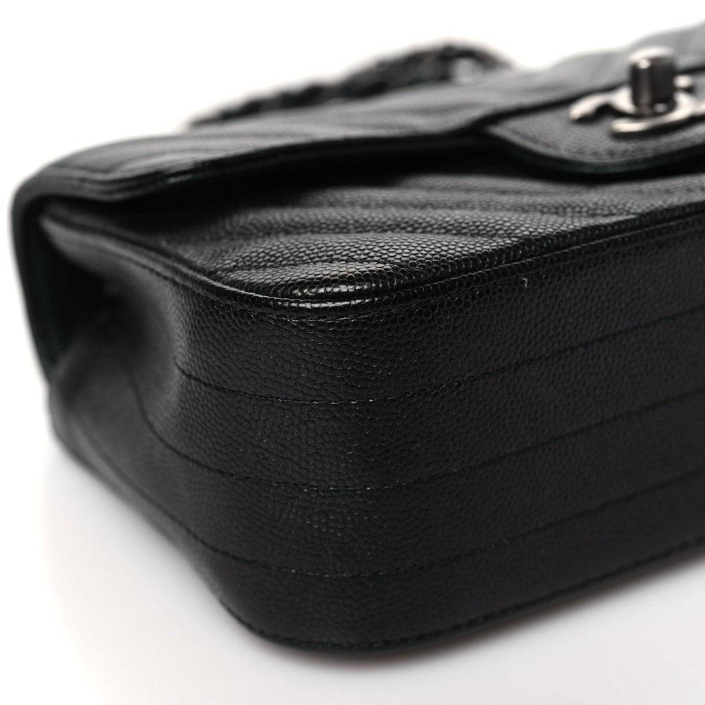 Metallic Caviar Chevron Quilted Mini Rectangular Flap Black