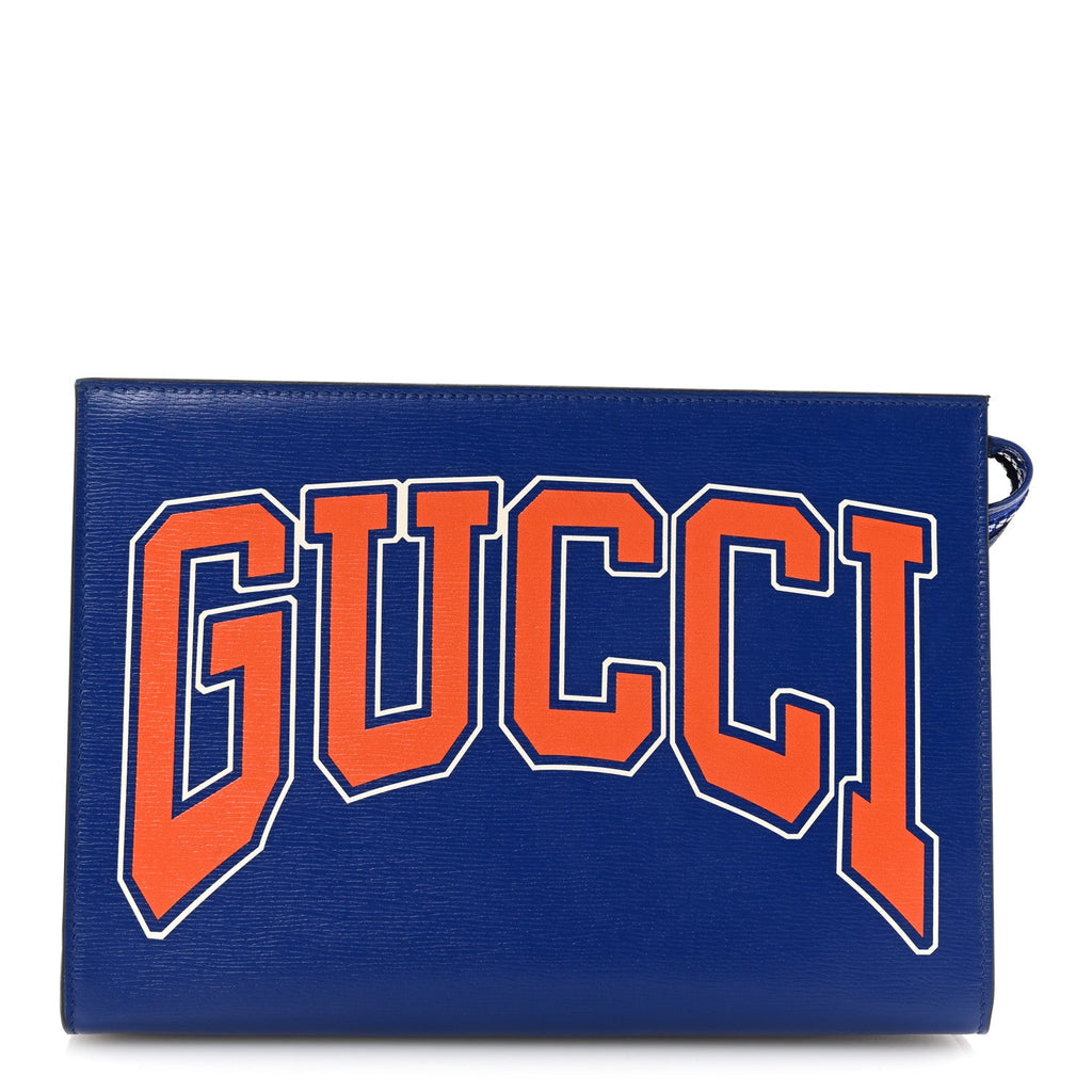 New Shanghai Calfskin Interlocking G Logo Wristlet Clutch Cobalt Blue Orange