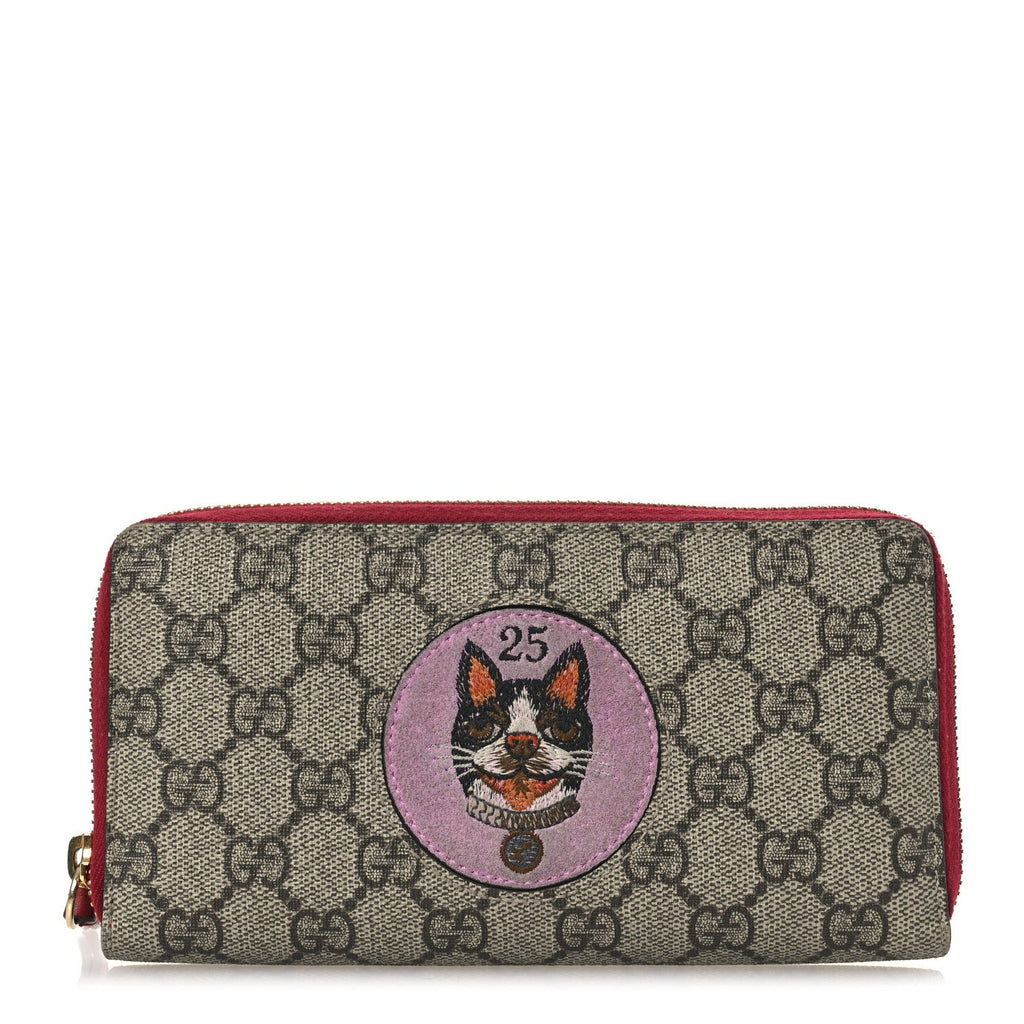 GG Supreme Monogram Bosco Patch Zip Around Wallet Beige Malva Hibiscus Red
