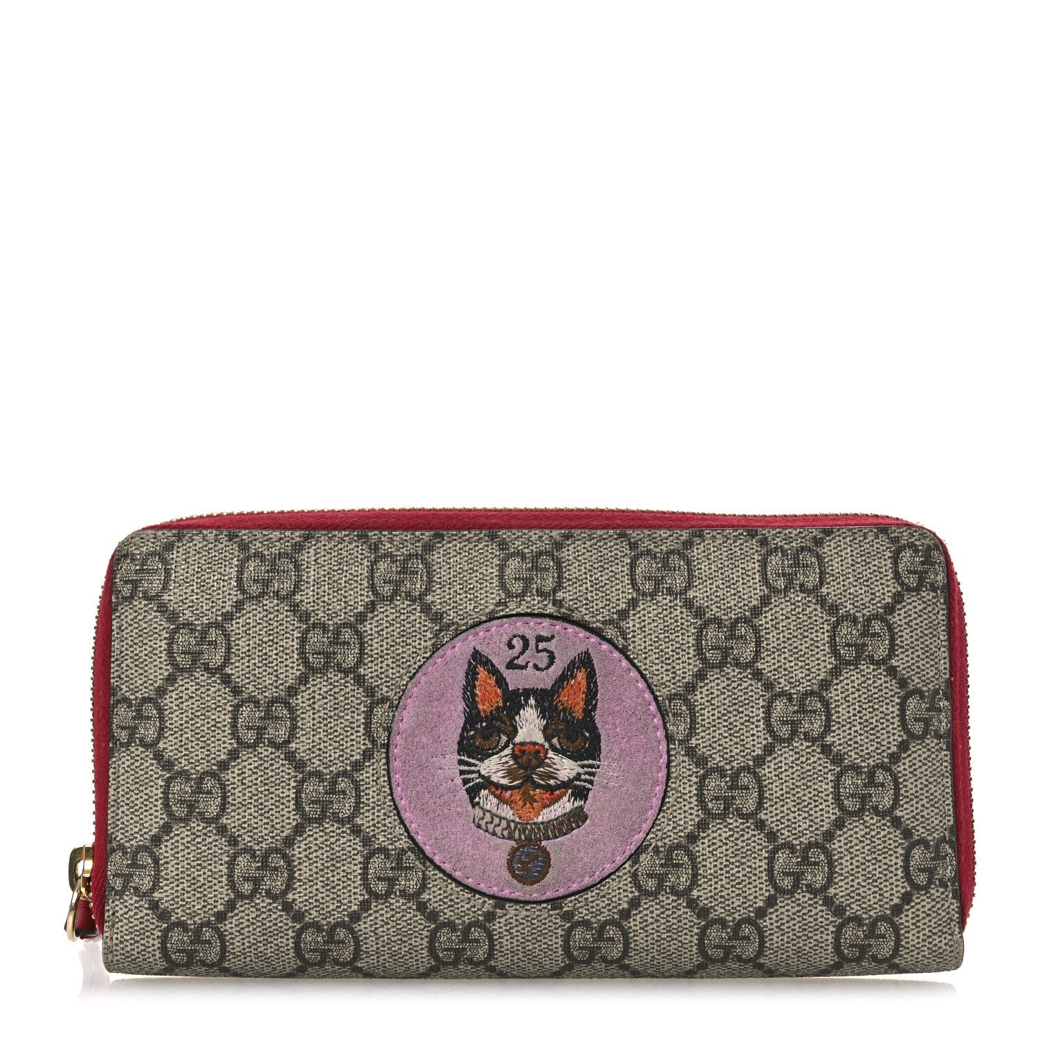 GG Supreme Monogram Bosco Patch Zip Around Wallet Beige Malva Hibiscus Red