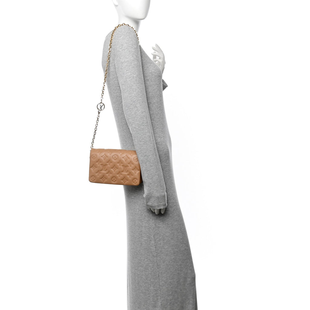 Lambskin Embossed Monogram Pochette Coussin Camel