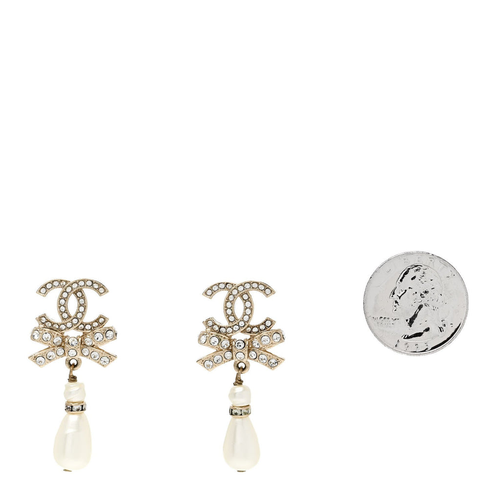 Crystal CC Bow Pearl Drop Earrings Gold Pearly White