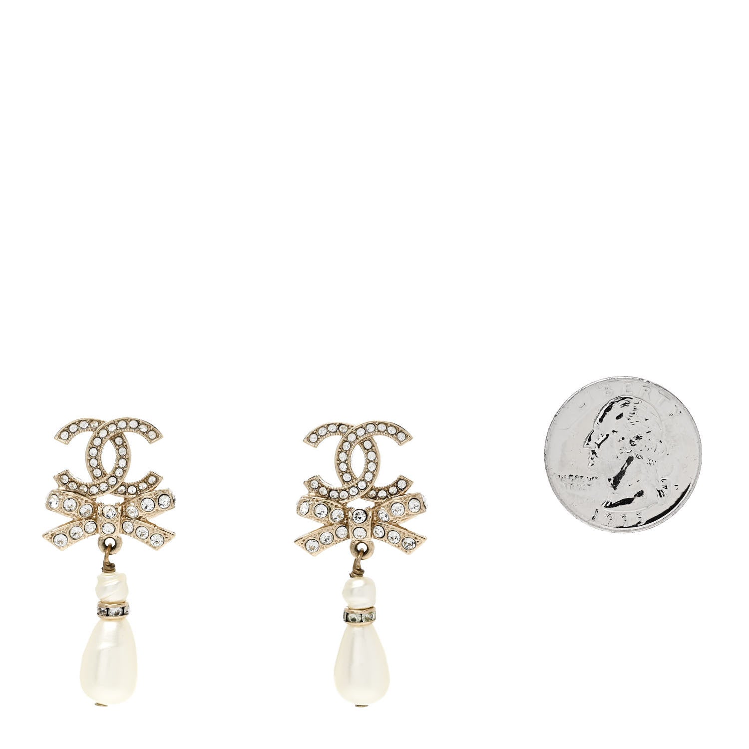 Crystal CC Bow Pearl Drop Earrings Gold Pearly White