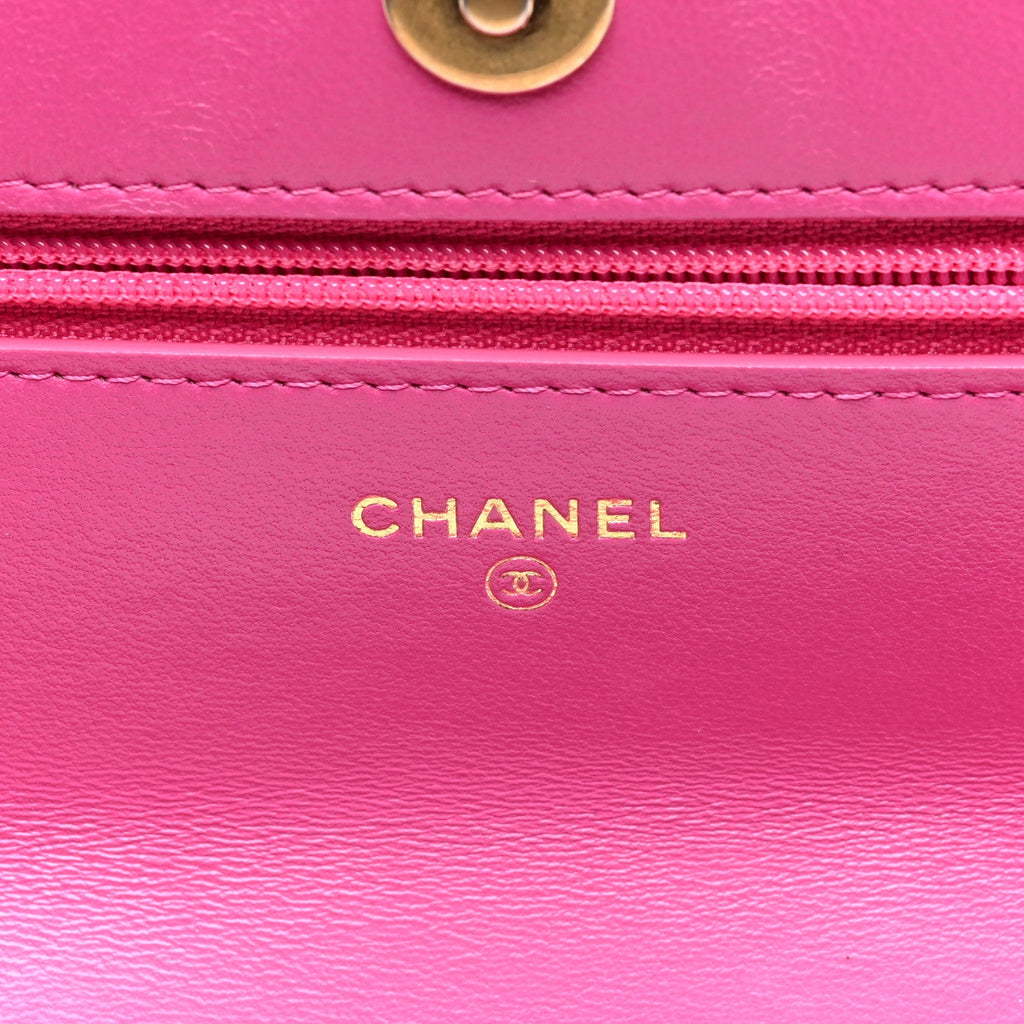 Wool Tweed Lambskin Quilted Chanel 19 Wallet On Chain WOC and Coin Purse  Fuchsia