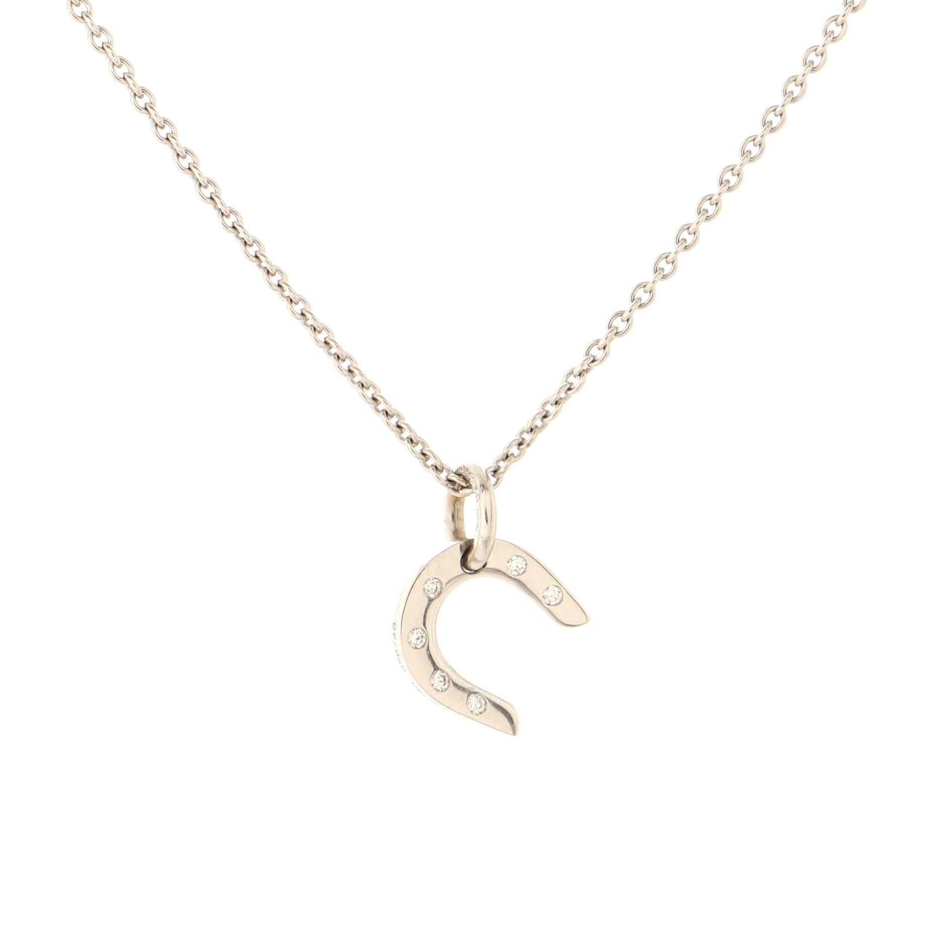 Vintage Horseshoe Pendant Necklace 18K White Gold with Diamonds