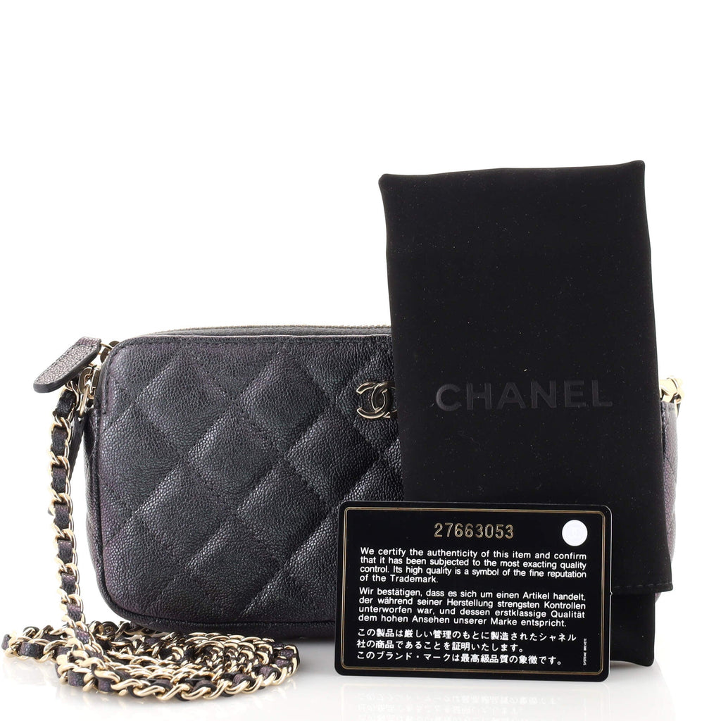 Double Zip Clutch with Chain Quilted Iridescent Caviar
