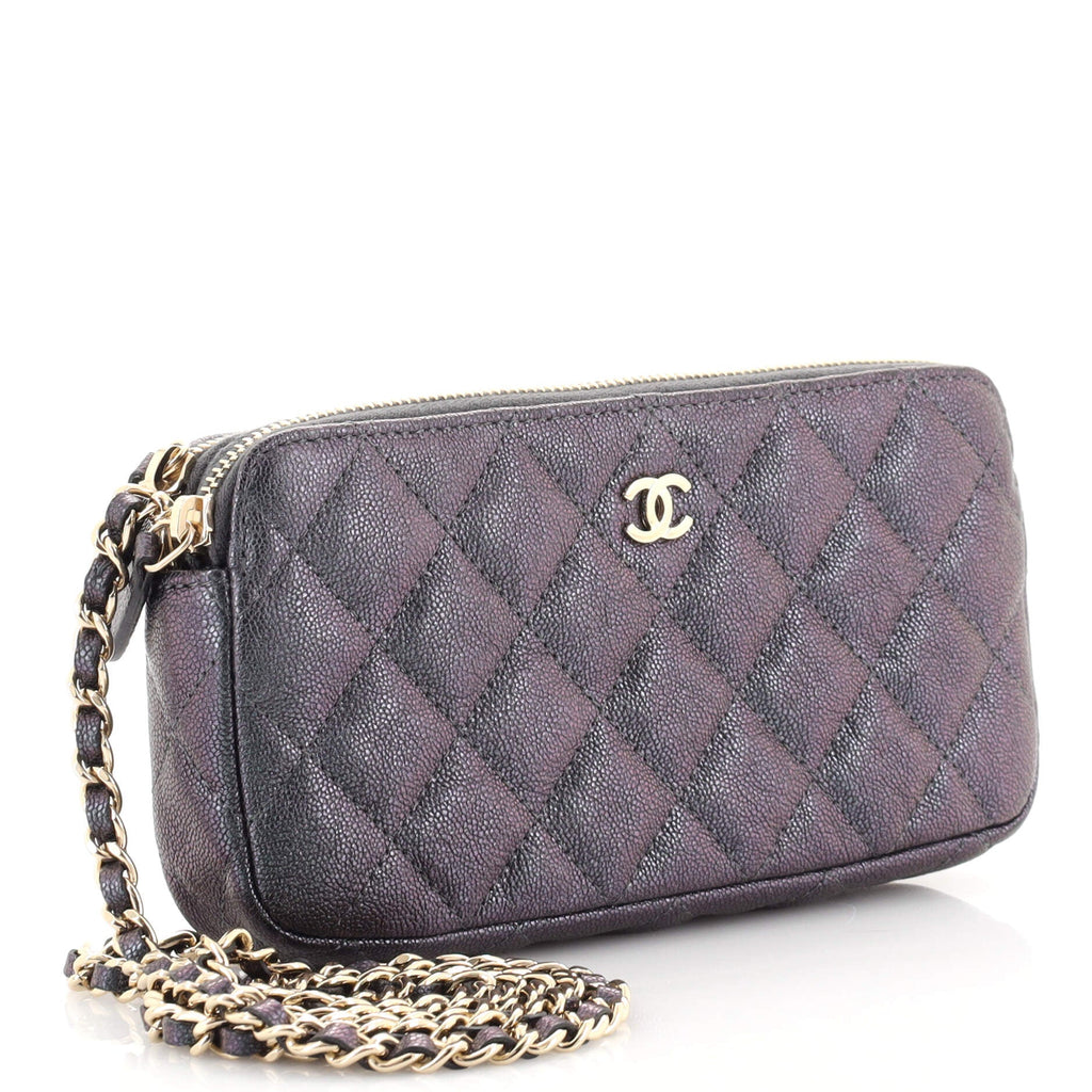 Double Zip Clutch with Chain Quilted Iridescent Caviar