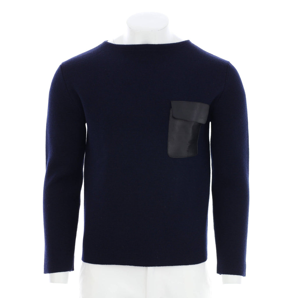 Men's Chest Pocket Crew Neck Sweater Wool with Leather