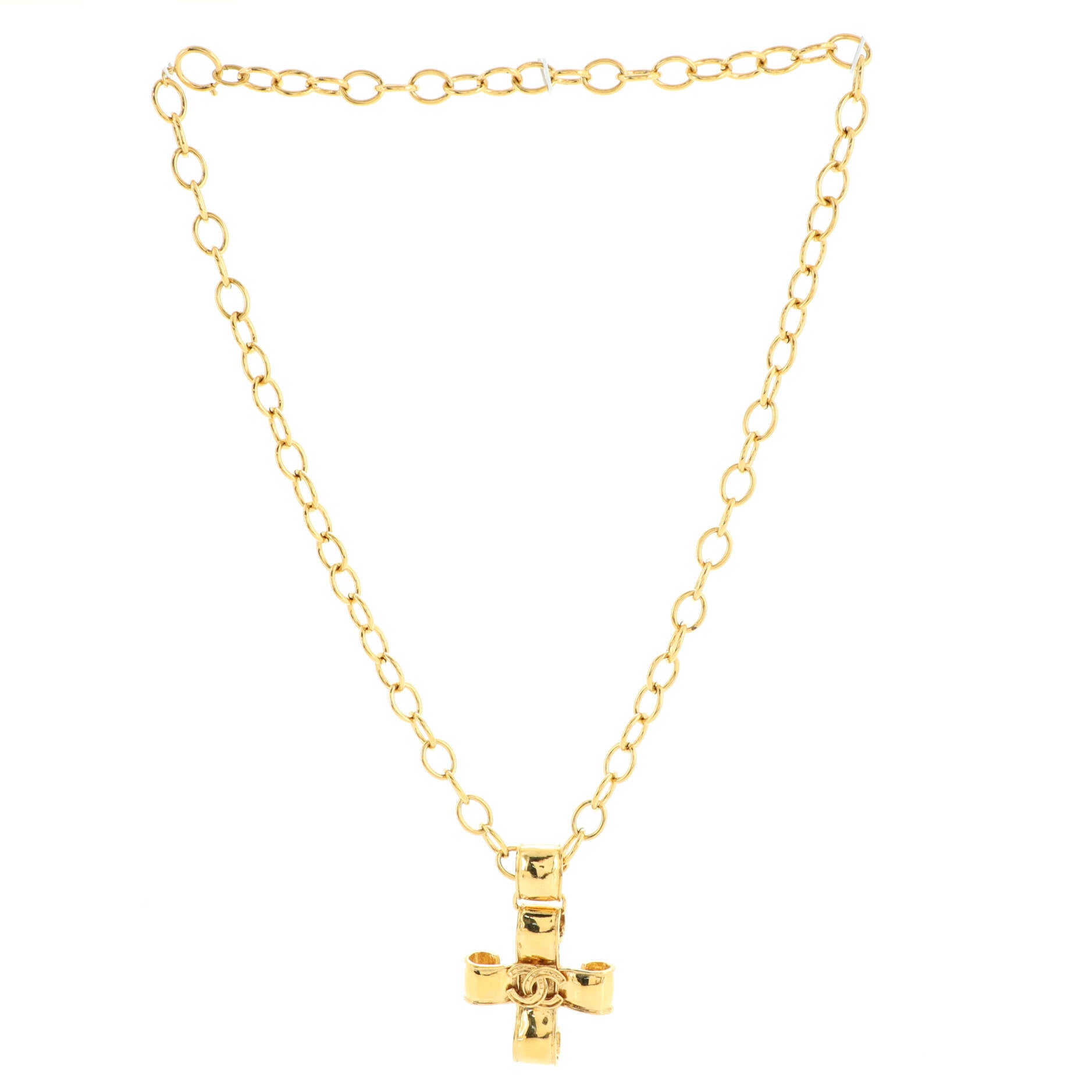 Vintage CC Cross Pendant Long Necklace Metal