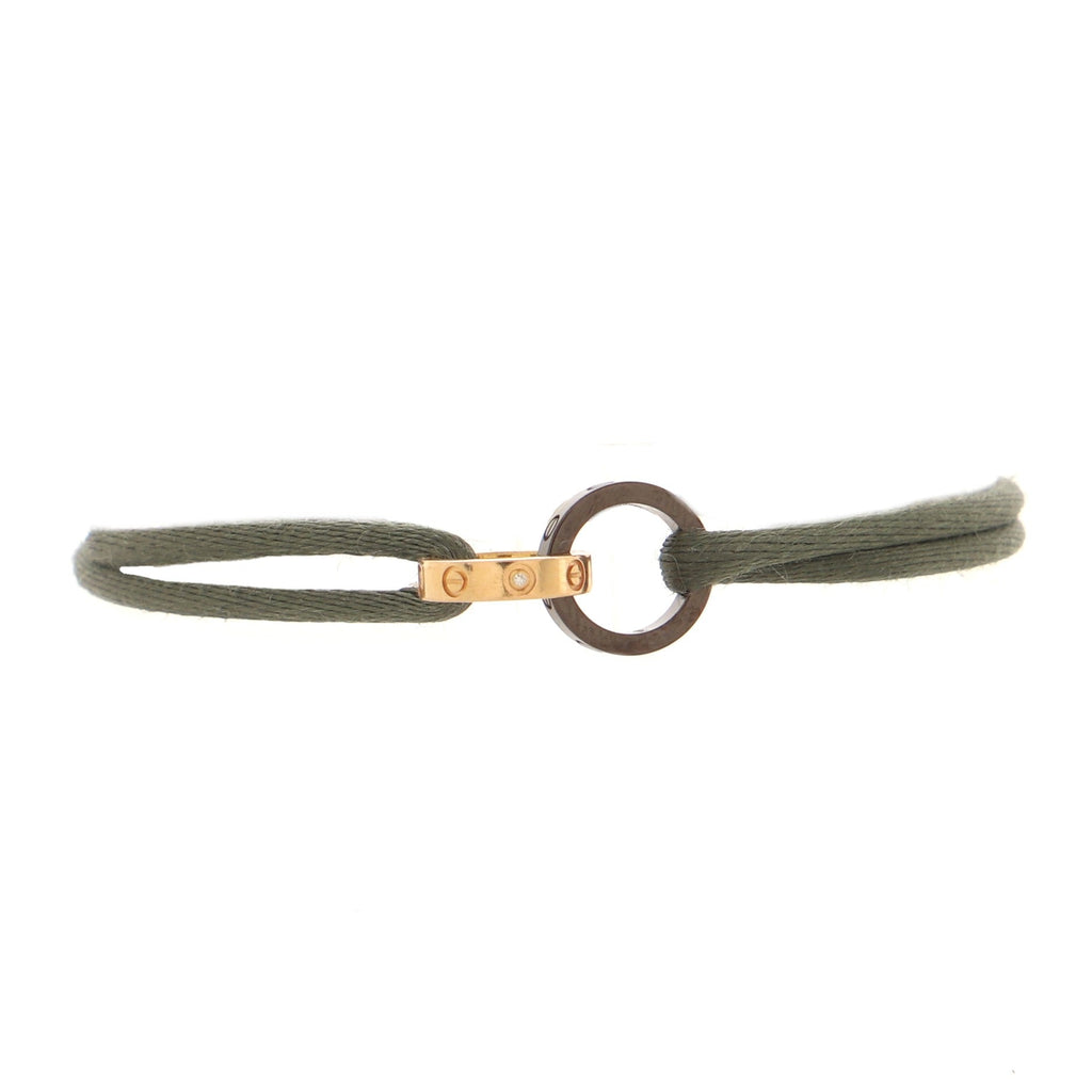 Charity Love 4 Diamonds Double Rings On Cord Bracelet Silk Cord with 18K Rose Gold and Ceramic and Diamonds