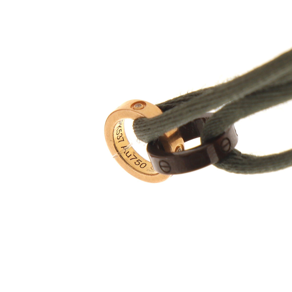 Charity Love 4 Diamonds Double Rings On Cord Bracelet Silk Cord with 18K Rose Gold and Ceramic and Diamonds