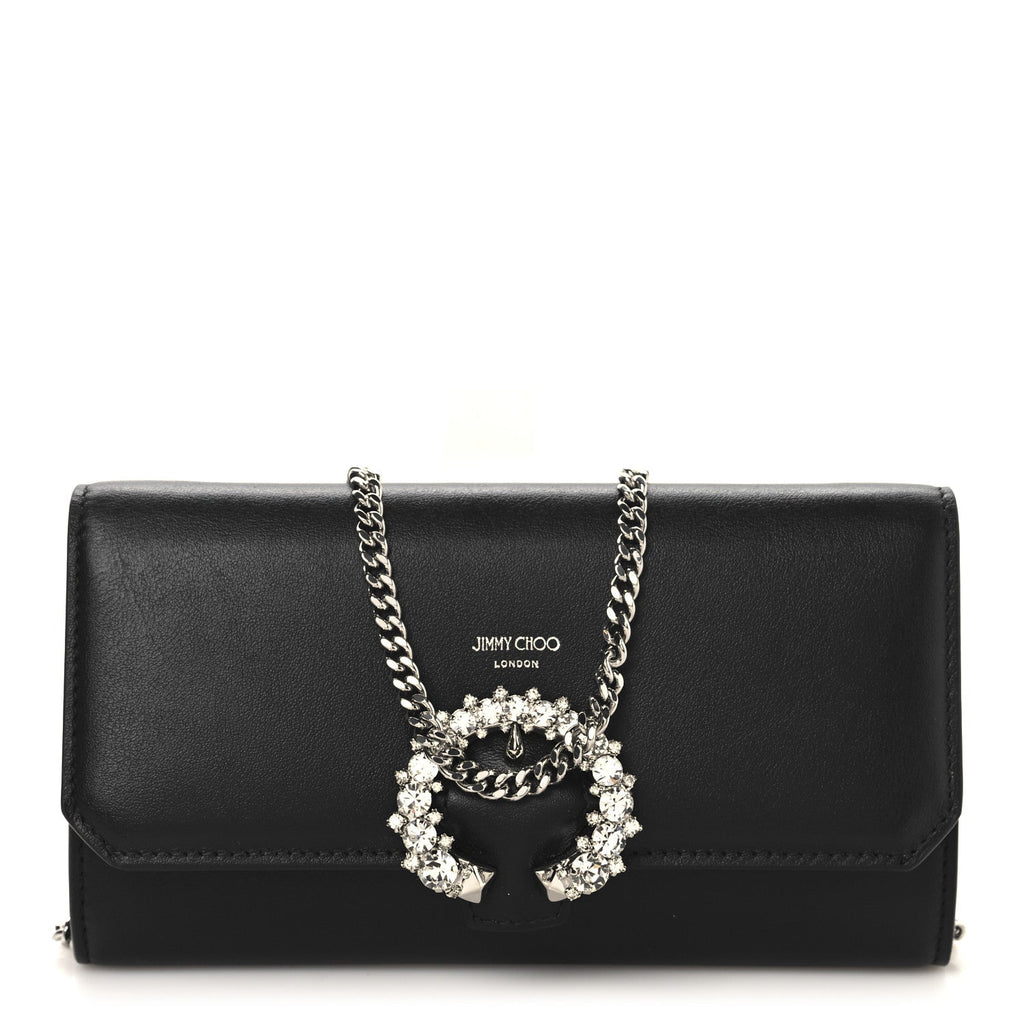 Smooth Calfskin Crystal Embellished Chain Wallet Black