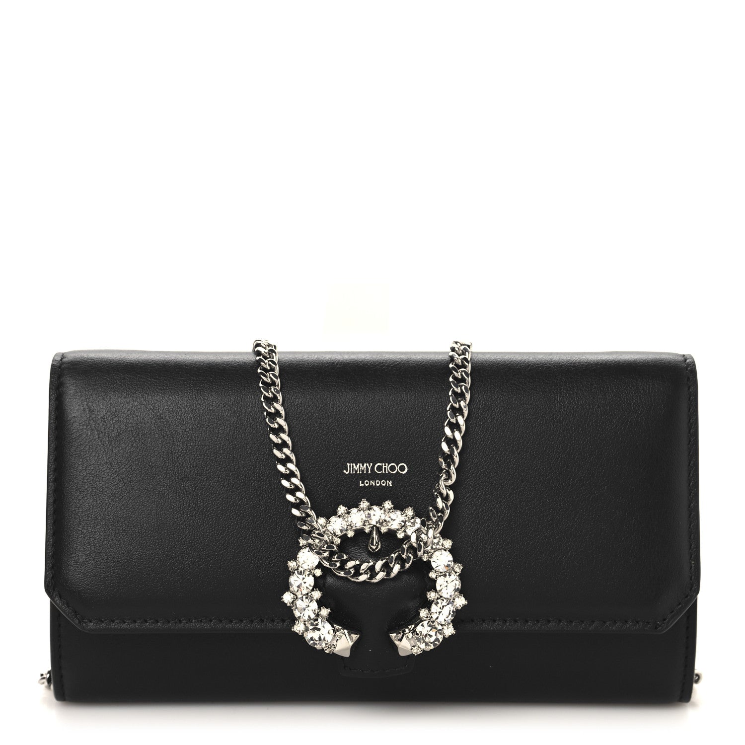 Smooth Calfskin Crystal Embellished Chain Wallet Black